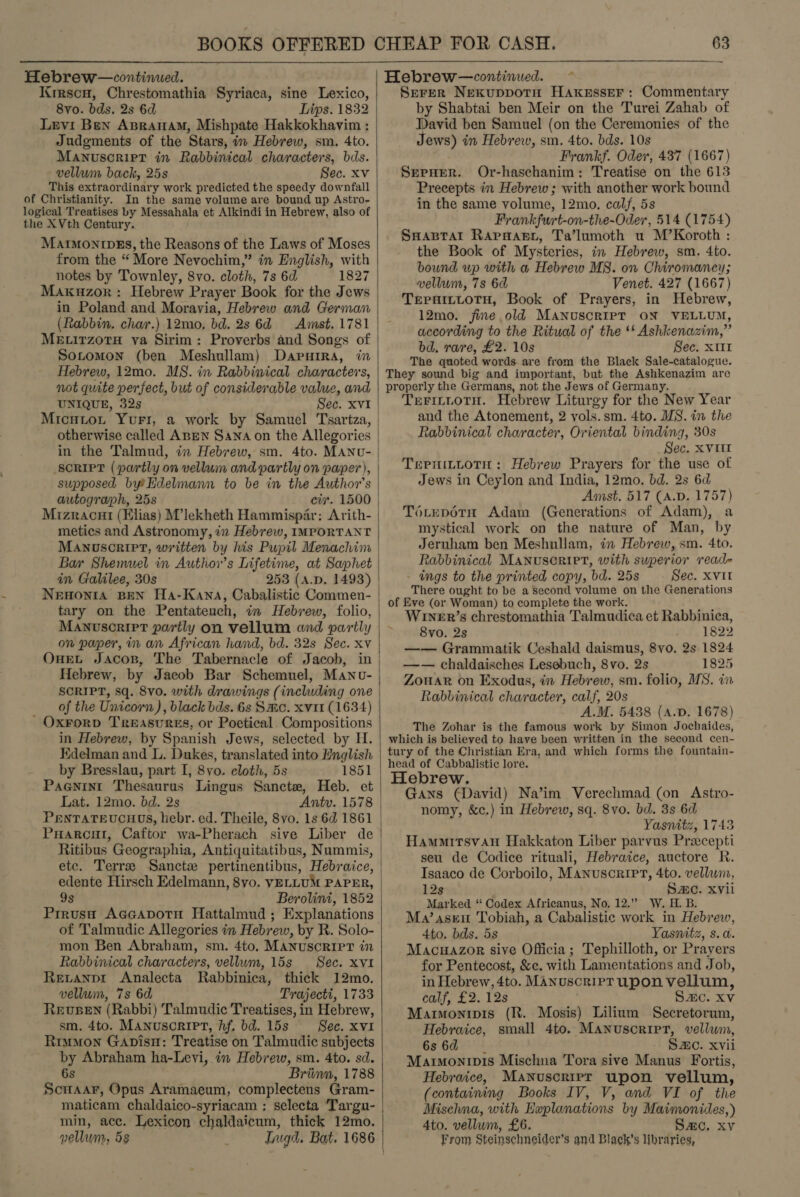 Hebrew—continued. Krrscu, Chrestomathia Syriaca, sine Lexico, 8vo. bds. 2s 6d Lips. 1832 Levi Ben Aprauam, Mishpate Hakkokhavim : Judgments of the Stars, in Hebrew, sm. 4to. Manuscript in Rabbinical characters, bds. vellum back, 25s Sec. Xv This extraordinary work predicted the speedy downfall of Christianity. In the same volume are bound up Astro- logical Treatises by Messahala et Alkindi in Hebrew, also of the XVth Century. MAtIMON IDES, the Reasons of the Laws of Moses from the “ More Nevochim,” in English, with notes by Townley, 8vo. cloth, 7s 6d 1827 Makuzor : Hebrew Prayer Book for the Jews in Poland and Moravia, Hebrew and German (Rabbin. char.) 12mo, bd. 28 64 Amst. 1781 MEtirzotH va Sirim: Proverbs and Songs of SoLtomon (ben Meshullam) Dapurra, in Hebrew, 12mo. MS. in Rabbinical characters, not quite perfect, but of considerable value, and UNIQUE, 32s Sec. xvI Micutot Yuri, a work by Samuel Tsartza, otherwise called ABEN Sana on the Allegories in the Talmud, in Hebrew, sm. 4to. MANu- supposed byHdelmann to be in the Author's autograph, 25s civ. 1500 Mizracut (Elias) M’lekheth Hammispar: Arith- metics and Astronomy, in Hebrew, IMPORTANT MAnoscript, written by his Pupil Menachim Bar Shemuel in Author's Lifetime, at Saphet in Galilee, 30s 253 (A.D. 1493) Newonra BEN Ha-Kawna, Cabalistic Commen- tary on the Pentateuch, in Hebrew, folio, Manuscript partly on vellum and partly on paper, in an African hand, bd. 32s Sec. xv OneL Jacos, The Tabernacle of Jacob, in Hebrew, by Jacob Bar Schemuel, Manu- SCRIPT, sq. 8vo. with drawings (including one of the Unicorn), black bds. 6s Smc. xv11 (1634) _Oxrorp Treasures, or Poetical Compositions in Hebrew, by Spanish Jews, selected by H. Edelman and L. Dukes, translated into English by Bresslau, part I, 8vo. cloth, 5s 1851 Paenint Thesaurus Lingus Sancte, Heb. et Lat. 12mo. bd. 2s Anty. 1578 PeNTATEUCHDS, hebr. ed. Theile, 8vo. 1s 6d 1861 PuHarcut, Caftor wa-Pherach sive Liber de Ritibus Geographia, Antiquitatibus, Nummis, etc. Terres Sanctz pertinentibus, Hebraice, edente Hirsch Edelmann, 8yo. VELLUM PAPER, 9s Berolini, 1852 Pirusa Accaporn Hattalmud ; Explanations of Talmudic Allegories in Hebrew, by R. Solo- mon Ben Abraham, sm. 4to. MANUSCRIPT in Rabbinical characters, vellum, 15s Sec. xvi Retanpr Analecta Rabbinica, thick 12mo. vellum, 7s 6d Trajecti, 1733 ReEvBEN (Rabbi) Talmudic Treatises, in Hebrew, sm. 4to. Manuscript, hf, bd. 15s —- Sec. x v1 Rruuwon Gavisn: Treatise on Talmudic subjects by Abraham ha-Levi, in Hebrew, sm. 4to. sd. 6s Briimn, 1788 Scnaar, Opus Aramaeum, complectens Gram- maticam chaldaico-syriacam : selecta ‘Targu- min, acc. Lexicon chaldaicum, thick 12mo. vellum, 5s   63  Hebrew—continued. ~ Serer Nexuppotn HaKesser : Commentary by Shabtai ben Meir on the Turei Zahab of David ben Samuel (on the Ceremonies of the Jews) in Hebrew, sm. 4to. bds. 10s Frankf. Oder, 437 (1667) SerHer. Or-haschanim: Treatise on the 613 Precepts in Hebrew; with another work bound in the same volume, 12mo. calf, 5s Frankfurt-on-the-Oder, 514 (1754) SHABTal RapHagy, Ta’lumoth u M’Koroth : the Book of Mysteries, in Hebrew, sm. 4to. bound up with a Hebrew M8. on Chiromancy; vellum, 7s 6d Venet. 427 (1667) Teprnittotu, Book of Prayers, in Hebrew, 12mo. fine old MANUSCRIPT ON VELLUM, according to the Ritual of the ‘t Ashkenazim,” bd. rare, £2. 10s Sec. x1I1 The quoted words are from the Black Sale-catalogue. They sound big and important, but fhe Ashkenazim are properly the Germans, not the Jews of Germany. Teritiuotu. Hebrew Liturgy for the New Year and the Atonement, 2 yols.sm. 4to. MS. in the Rabbinical character, Oriental binding, 30s Sec. XVIII TernittoTH: Hebrew Prayers for the use of Jews in Ceylon and India, 12mo. bd. 2s 6d Aimst. 517 (A.D. 1757) TétepéTH Adam (Generations of Adam), a mystical work on the nature of Man, by Jeruham ben Meshullam, in Hebrew, sm. 4to. Rabbinical MANuscriet, with superior read- - ings to the printed copy, bd. 25s Sec. XVII There ought to be a Second volume on the Generations of Eve (or Woman) to complete the work. WIner’s chrestomathia Talmudica et Rabbinica, 8vo. 2s 1822 —— Grammatik Ceshald daismus, 8vo. 2s 1824 —— chaldaisches Lesebuch, 8vo. 2s 1825 ZouAR on Exodus, in Hebrew, sm. folio, MS. in Rabbinical character, calf, 20s A.M. 5438 (A.D. 1678) The Zohar is the famous work by Simon Jochaides, which is believed to have been written in the second cen- tury of the Christian Era, and which forms the fountain- head of Cabbalistic lore. Hebrew, Gans (David) Na’im Verechmad (on Astro- nomy, &amp;c,) in Hebrew, sq. 8vo. bd. 3s 6d Yasnitz, 1743 Hammitsvan Hakkaton Liber parvus Praecepti seu de Codice rituali, Hebraice, auctore R. Isaaco de Corboilo, Manuscript, 4to. vellum, 12s Sze. Xvil Marked “ Codex Africanus, No, 12.” W. H. B. Ma’asen Tobiah, a Cabalistic work in Hebrew, 4to. bds. 5s Yasnitz, s. cb. Macuazor sive Officia; Tephilloth, or Prayers for Pentecost, &amp;¢c. with Lamentations and Job, in Hebrew, 4to. MAnuscripr upon vellum, calf, £2. 12s Sc. Xv Marmonipis (R. Mosis) Lilium Secretorum, Hebraice, small 4to. Manuscript, vellum, 636d Sc. xvii Maimonipis Mischna Tora sive Manus Fortis, Hebraice, Manuscrier upon vellum, (containing Books IV, V, and VI of the Misehna, with Haplanations by Maimonides,) 4to. vellum, £6. Sac. xv From Steinschneider’s and Black’s libraries,