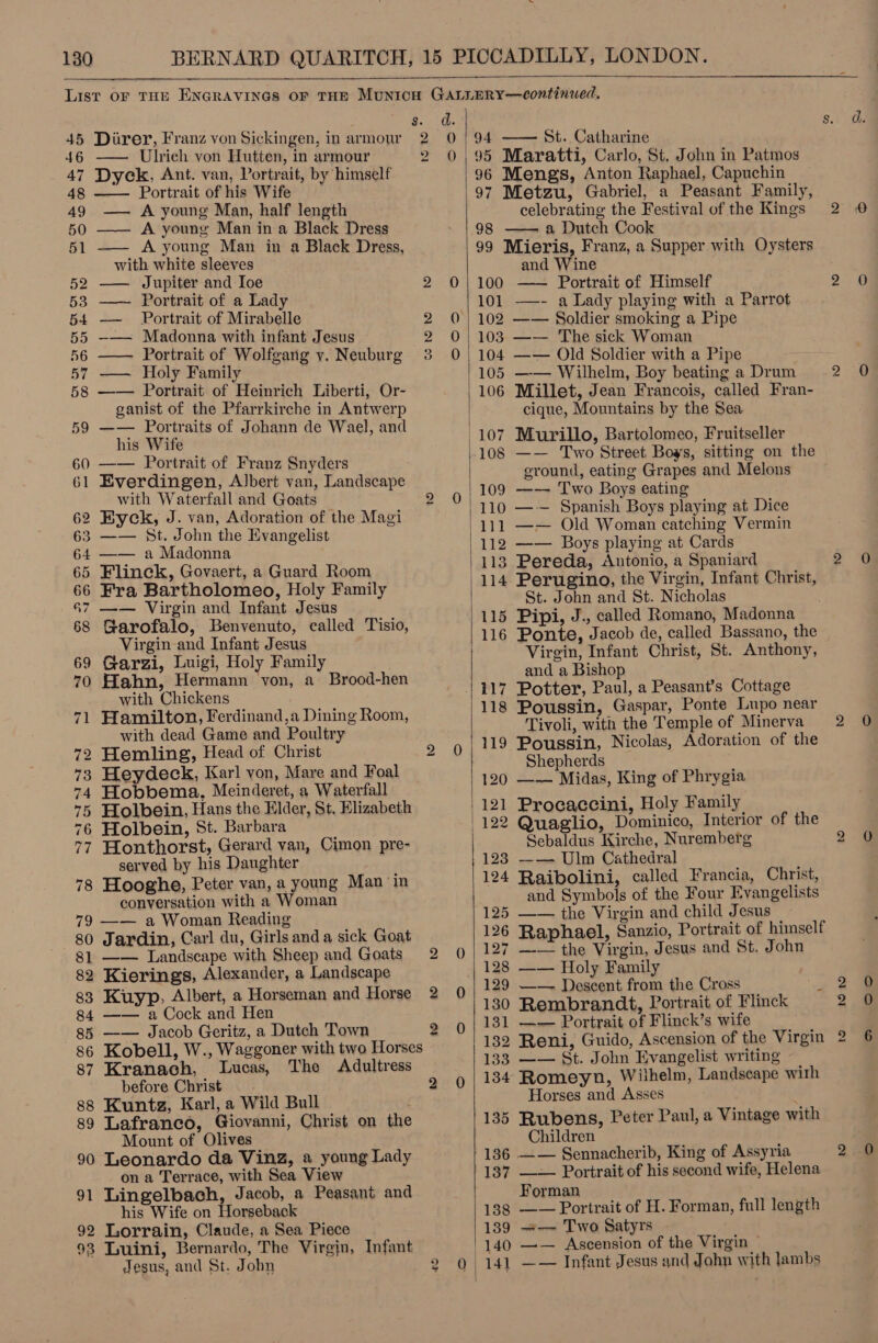  46 —— Ulrich von Hutten, in armour 47 Dyck, Ant. van, Portrait, by himself Portrait of his Wife — A young Man, half length —— A young Man in a Black Dress —— A young Man in a Black Dress, with white sleeves —— Jupiter and Ioe —— Portrait of a Lady Portrait of Mirabelle —— Madonna with infant Jesus —— Portrait of Wolfgang vy. Neuburg — Holy Family —— Portrait of Heinrich Liberti, Or- ganist of the Pfarrkirche in Antwerp —— Portraits of Johann de Wael, and his Wife —— Portrait of Franz Snyders Everdingen, Albert van, Landscape with Waterfall and Goats Eyck, J. van, Adoration of the Magi —— St. John the Evangelist —— a Madonna Flinck, Govaert, a Guard Room Fra Bartholomeo, Holy Family —— Virgin and Infant Jesus Garofalo, Benvenuto, called Tisio, Virgin and Infant Jesus Garzi, Luigi, Holy Family Hahn, Hermann von, a Brood-hen with Chickens Hamilton, Ferdinand,a Dining Room, with dead Game and Poultry Hemling, Head of Christ Heydeck, Karl yon, Mare and Foal Hobbema., Meinderet, a Waterfall Holbein, Hans the Elder, St. Elizabeth 76 Holbein, St. Barbara Honthorst, Gerard van, Cimon pre- served by his Daughter Hooghe, Peter van, a young Man ‘in conversation with a Woman —— a Woman Reading Jardin, Carl du, Girls and a sick Goat —— Landscape with Sheep and Goats Kierings, Alexander, a Landscape Kuyp, Albert, a Horseman and Horse —— a Cock and Hen —-— Jacob Geritz, a Dutch Town  Kranach, Lucas, The Adultress before Christ Kuntg, Karl, a Wild Bull Lafranco, Giovanni, Christ on the Mount of Olives Leonardo da Vinz, a young Lady on a Terrace, with Sea View 91 Lingelbach, Jacob, a Peasant and his Wife on Horseback 92 Lorrain, Claude, a Sea Piece 93 Luini, Bernardo, The Virgin, Infant Jesus, and St. John 90 ») a“ bho to bt bw Nd) 2 2 2 ] 0 = Be)  94 —— St. Catharine 95 Maratti, Carlo, St, John in Patmos 96 Meng, Anton Raphael, Capuchin 97 Metzu, Gabriel, a Peasant Family, celebrating the Festival of the Kings 98 —— a Dutch Cook 99 Mieris, Franz, a Supper with Oysters and Wine 100 —— Portrait of Himself 101 —~—- a Lady playing with a Parrot 102 —— Soldier smoking a Pipe 103 —— The sick Woman 104 —— Old Soldier with a Pipe 105 —— Wilhelm, Boy beating a Drum 106 Millet, Jean Francois, called Fran- cique, Mountains by the Sea Murillo, Bartolomeo, Fruitseller —— Two Street Boys, sitting on the ground, eating Grapes and Melons 109 —— Two Boys eating 110 —-— Spanish Boys playing at Dice 111 —— Old Woman catching Vermin 112 —— Boys playing at Cards Pereda, Antonio, a Spaniard Perugino, the Virgin, Infant Christ, St. John and St. Nicholas Pipi, J., called Romano, Madonna Ponte, Jacob de, called Bassano, the Virgin, Infant Christ, St. Anthony, and a Bishop Potter, Paul, a Peasant’s Cottage Poussin, Gaspar, Ponte Lupo near Tivoli, with the Temple of Minerva Poussin, Nicolas, Adoration of the Shepherds —-—— Midas, King of Phrygia Procaccini, Holy Family Quaglio, Dominico, Interior of the Sebaldus Kirche, Nuremberg —— Ulm Cathedral Raibolini, called Francia, Christ, and Symbols of the Four Evangelists —— the Virgin and child Jesus Raphael, Sanzio, Portrait of himself —— the Virgin, Jesus and St. John —— Holy Family —— Descent from the Cross Rembrandt, Portrait of Flinck —— Portrait of Flinck’s wife Reni, Guido, Ascension of the Virgin —— St. John Evangelist writing Romeyn, Withelm, Landscape with Horses and Asses Rubens, Peter Paul, a Vintage with Children —— Sennacherib, King of Assyria —— Portrait of his second wife, Helena Forman —— Portrait of H. Forman, full length —— Two Satyrs - —— Ascension of the Virgin ~ —— Infant Jesus and John with jambs 108 115 116 118 19 120 123 124 125 126 127 128 129 130 131 132 133 134 135 136 137 138 139 140 bo bo bo bo