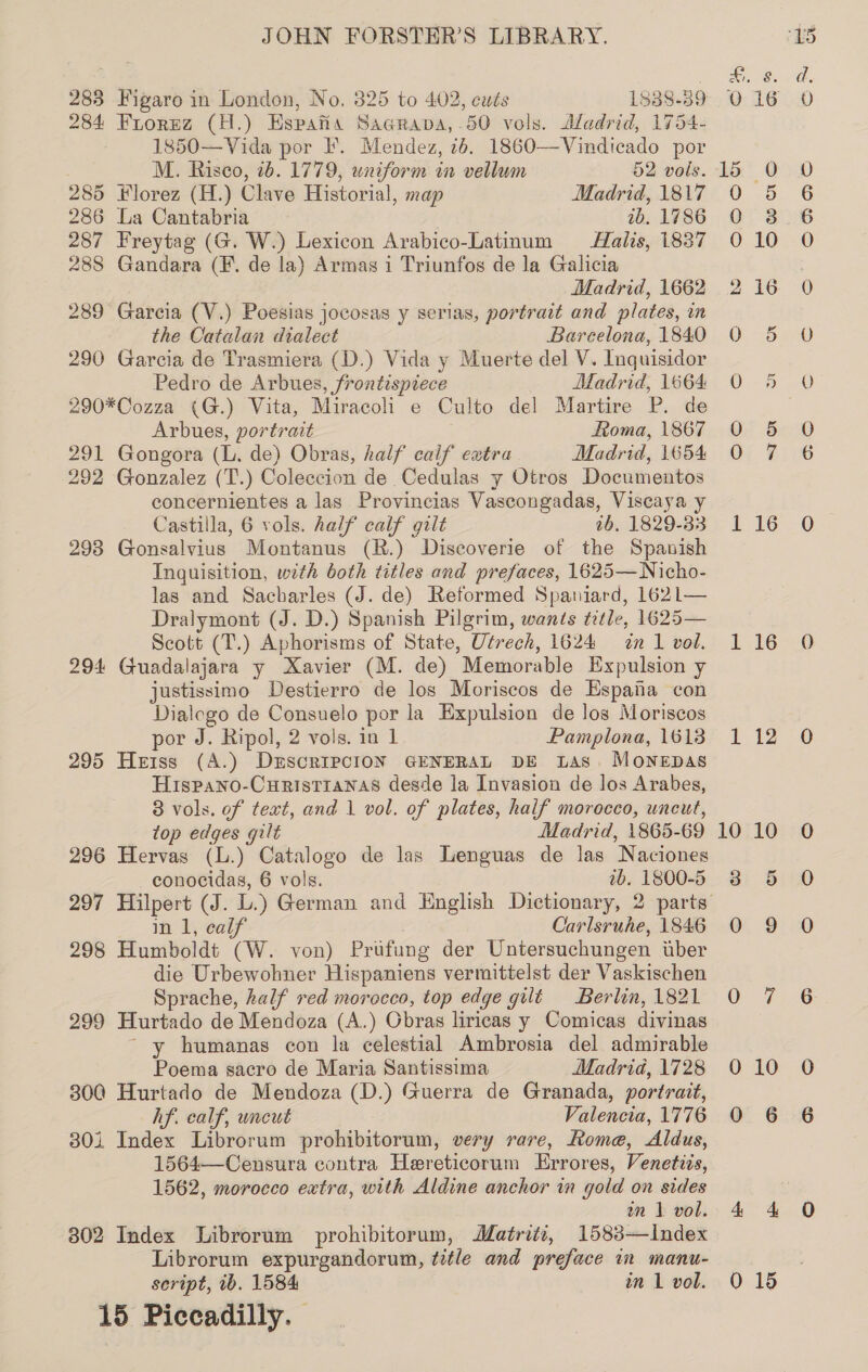 284 Frorez (H.) Espafia Sagrapa, 50 vols. dladrid, 1754- 1850—Vida por IF. Mendez, 76. 1860—Vindicado por M. Risco, 1b. 1779, wniform in vellum 52 vols. 285 Florez (H.) Clave Historial, map Madrid, 1817 286 La Cantabria 1b. 1786 287 Freytag (G. W.) Lexicon Arabico-Latimum Halis, 1837 288 Gandara (F. de la) Armas i Triunfos de la Galicia Madrid, 1662 289 Garcia (V.) Poesias jocosas y serias, portrait and plates, in the Catalan dialect Barcelona, 1840 290 Garcia de Trasmiera (D.) Vida y Muerte del V. Inquisidor Pedro de Arbues, frontispiece Madrid, 1664 290*Cozza (G.) Vita, Miracoli e Culto del Martire P. de Arbues, portrait Roma, 1867 291 Gongora (L. de) Obras, half calf extra Madrid, 1654 292 Gonzalez (T.) Coleccion de Cedulas y Otros Documentos concernientes a las Provincias Vascongadas, Viscaya y Castilla, 6 vols. half calf gilt 26. 1829-33 293 Gonsalvius Montanus (R.) Diseoverie of the Spanish Inquisition, with both titles and prefaces, 1625—Nicho- las and Sacharles (J. de) Reformed Spaniard, 1621— Dralymont (J. D.) Spanish Pilgrim, wants tetle, 1625— Scott (T.) Aphorisms of State, Utrech, 1624 in 1 vol. 294 Guadalajara y Xavier (M. de) Memorable Expulsion y justissimo Destierro de los Moriscos de Espana con Dialcgo de Consuelo por la Expulsion de los Moriscos por J. Ripol, 2 vols. in 1 Pamplona, 1613 295 Heiss (A.) DuscrIpcioN GENERAL DE Las. Monepas Hispano-Curisttanas desde la Invasion de los Arabes, 3 vols. of text, and 1 vol. of plates, half morocco, uncut, top edges gilt Madrid, 1865-69 296 Hervas (L.) Catalogo de las Lenguas de las Naciones - conocidas, 6 vols. 2b. 1800-5 in 1, calf Carlsruhe, 1846 298 Humboldt (W. von) Prufung der Untersuchungen uber die Urbewohner Hispaniens vermittelst der Vaskischen | Sprache, half red morocco, top edge gilt Berlin, 1821 299 Hurtado de Mendoza (A.) Obras liricas y Comicas divinas ~ y humanas con la celestial Ambrosia del admirable 300 Hurtado de Mendoza (D.) Guerra de Granada, portrait, hf. calf, uncut Valencia, 1776 301 Index Librorum prohibitorum, very rare, Roma, Aldus, 1564—Censura contra Hereticorum Errores, Venetizs, 1562, morocco extra, with Aldine anchor in gold on sides wn 1 vol. 802 Index Librorum prohibitorum, Matritz, 1583—Index Librorum expurgandorum, title and preface in manu- 15 Piccadilly. 1 SS =o CN NF OX 16 16 12 10 Cr @ GS Ss ©