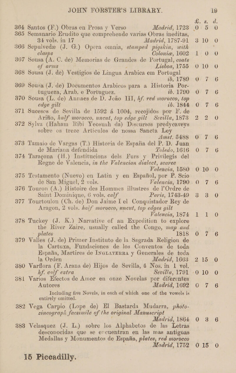 364 365 366 372 JOHN FORSTER’S LIBRARY. Semanario Hrudito que comprehende varias Obras ineditas, 34 vols. in 17 Madrid, 1787-91 Sepulvede (J. G.) Opera omnia, stamped pigskin, with clasps Colonie, 1602 Sousa (A. C. de) Memorias de Grandes de Portugal, coats of arms Lisboa, 1755 Sousa (J. de) Vestigios de Lingua Arabies em Portugal ib, 1789 Sousa (J. de) Documentos Arabicos para a Historia Por- tugueza, Arab. e Portuguez. 26. 1790 Sousa (L. de) Annaes de D. Joao III, hf. red morocco, top edge gilt 7b, 1844 Suceses de Sevilla de 1592 4 1604, recojidos por FI’. de Arifio, half morocco, uncut, top edge gilt Sevilla, 1878 Sylva (Haham Ribi Yeosuah da) Discursos predycaveys sobre os treze Articulos de nossa Sancta Ley Amst, 5488 374: 375 376 377 378 379 380 o8l 382 383 de Mariana defendida Toledo, 1616 Taracona (H.) Institucions dels Furs y Privilegis del Regne de Valencia, in the Valencian dialect, scarce Valencia, 1580 Testamento (Nuevo) en Latin y en Espafiol, por P. Scio Touron (A.) Histoire des Hommes illustres de l’Ordre de Saint Dominique, 6 vols. calf Paris, 1743-49 Tourtoulon (Ch. de) Don Jaime I el Conquistador Rey de Aragon, 2 vols. half morocco, uncut, top edges gilt Valencia, 1874: Tuckey (J. K.) Narrative of an Expedition to explore the River Zaire, usually called the Congo, map and - plates . 1818 Valles (J. de) Primer Instituto de la Sagrada Religion de la Cartuxa, Fundaciones de los Conventos de toda Kspafia, Martires de IyataTeRRaA y Generales de toda la Orden Madrid, 1663 Varflora (F. Arana de) Hijos de Sevilla, 4 Nos. in 1 vol. hf. calf eztra Sevilla, 1791 Varios Efectos de Amor en onze Novelas por diferentes Autores Madrid, 1692 Including five Novels, in each of which one of the vowels is entirely omitted. | Vega Carpio (Lope de) El Bastarda Mudarra, photo- zincograph facsimile of the original Manuscript Madrid, 1864 Velasquez (J. L.) sobre los Alphabetos de las Letras desconocidas que se encuentran en las mas antiguas Medallas y Monumentos de Espafia, plates, red morocco Madrid, 1752 S ne 3 10 no = 83 SS bo 15 =) 10 Os an) Oo