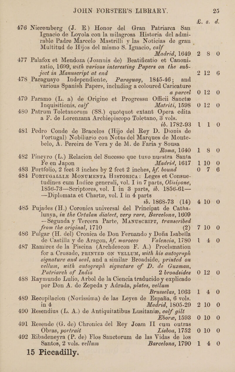 476 Nieremberg (J. E.) Honor del Gran Patriarea San Ignacio de Loyola con la milagrosa Historia del admi- Multitud de Hijos del mismo 8. Ignacio, calf Madrid, 1649 477 Palafox et Mendoza (Joannis de) Beatificatio et Canoni- zatio, 1699, with various interesting Papers on the sub- ject in Manuscript at end 478 Paraguayo Independiente, Paraguay, 1845-46; and various Spanish Papers, including a coloured Caricature a parcel 479 Paramo (lL. a) de Origine et Progressu Officii Sancte Inquisitionis, calf Matriti, 1598 480 Patrum Toletanorum (SS.) quotquot extant Opera edita a I’. de Lorenzana Archiepiscopo Toletano, 3 vols. 46. 1782-93 481 Pedro Conde de Bracelos (Hijo del Rey D. Diovis de Portugal) Nobiliario con Notas del Marques de Monte- belo, A. Pereira de Vera y de M. de Faria y Sousa Roma, 1640 482 Pineyro (L.) Relacion del Sucesso que tuvo nuestra Santa Fe en Japon Madrid, 1617 483 Portfolio, 2 feet 3 inches by 2 feet 2 inches, hf. bound 484 Portueattim Monumenta Historica: Leges et Consue- tudines cum Indice generali, vol. I in 7 parts, Oliszpone, 1856-73—Scriptores, vol. I in 3 parts, ib. 1856-61— —Diplomata et Chartz, vol. I in 4 parts ib. 1868- 73, (14) 485 Pujades (H.) Coronica universal del Principat de Catha- lunya, 2 the Cotalan dialect, very rare, Barcelona, 1609 — Segunda y Tercera Parte, Manuscript, transcribed 486 Pulgar (H. oo Cronica de Don Fernando y Dona Isabella de Castilla y de Aragon, hf. morocco Valencia, 1780 487 Ramirez de la Piscina (Archdeacon F. A.) Proclamation for a Crusade, PRINTED ON VELLUM, with his autograph signature and seal, and a similar Broadside, printed on vellum, with autograph signature of D. de Guzman, Patriarch of India 2 broadsides 488 Raymundo Lulio, Arbol de la Ciencia traducido y explicado por Don A. de Zepeda y Adrada, plates, vellum Brusselas, 1668 489 Recopilacion (Novissima) de las Leyes de Espaiia, 6 vols. in 4 Madrid, 1805-29 490 Resendius (L. A.) de Antiquitatibus Lusitania, calf gilt EHbore, 1598 491 Resende (G. de) Chronica del Rey Joam II cum outras Obras, portrait Lisboa, 1752 492 Ribadeneyra (P. de) Flos Sanctorum de las Vidas de los Santos, 2 vols. vellum Barcelona, 1790 15 Piccadilly. feels GQ PO: Berk oo tee 10 10 10 10 oS (SO, MO: 45