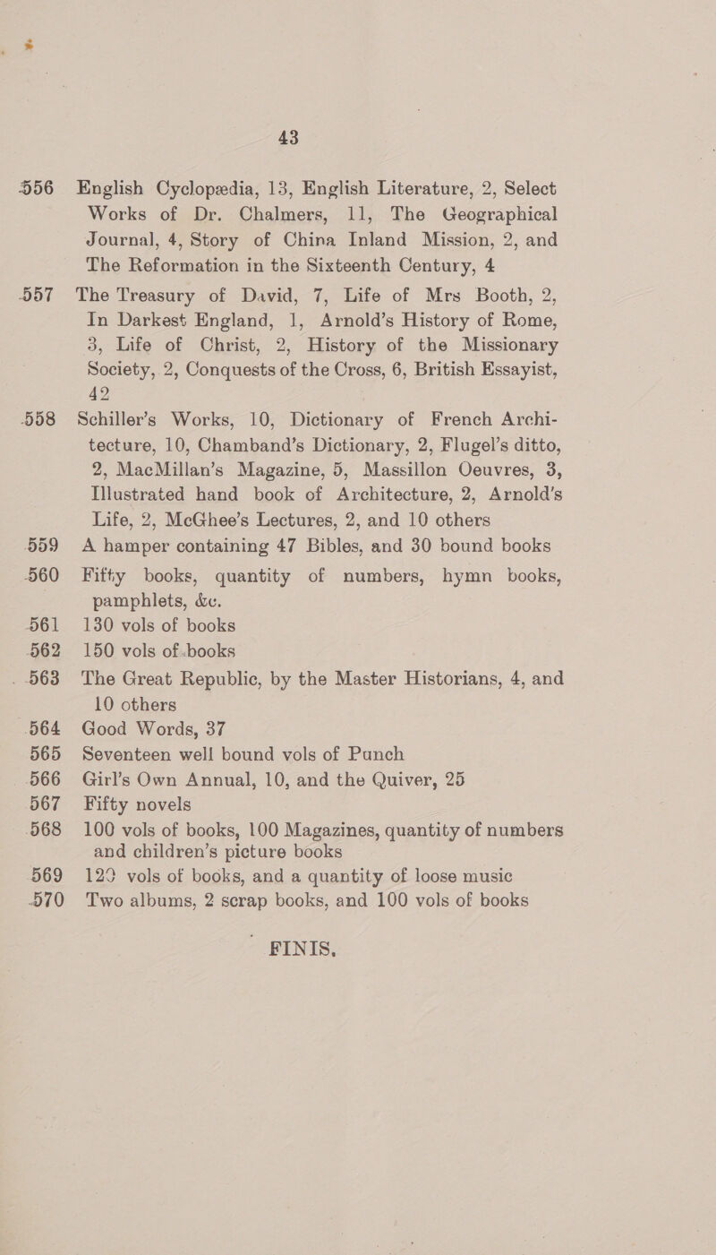 D556 D357 558 559 560 561 562 . 563 564 565 566 567 068 569 570 43 English Cyclopedia, 13, English Literature, 2, Select Works of Dr. Chalmers, 11, The Geographical Journal, 4, Story of China Inland Mission, 2, and The Reformation in the Sixteenth Century, 4 The Treasury of David, 7, Life of Mrs Booth, 2, In Darkest England, 1, Arnold’s History of Rome, 3, Life of Christ, 2, History of the Missionary Society, 2, Conquests of the Cross, 6, British Essayist, 42 Schiller’s Works, 10, Dictionary of French Archi- tecture, 10, Chamband’s Dictionary, 2, Flugel’s ditto, 2, MacMillan’s Magazine, 5, Massillon Oeuvres, 3, Illustrated hand book of Architecture, 2, Arnold’s Life, 2, McGhee’s Lectures, 2, and 10 others A hamper containing 47 Bibles, and 30 bound books Fifty books, quantity of numbers, hymn books, pamphlets, de. 130 vols of books 150 vols of -books The Great Republic, by the Master Historians, 4, and 10 others Good Words, 37 Seventeen well bound vols of Punch Girl’s Own Annual, 10, and the Quiver, 25 Fifty novels 100 vols of books, 100 Magazines, quantity of numbers and children’s picture books 12° vols of books, and a quantity of loose music Two albums, 2 scrap books, and 100 vols of books BINIS,