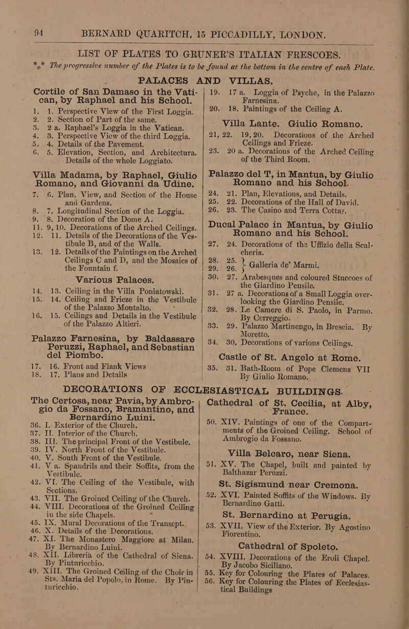  LIST OF PLATES TO GRUNER’S ITALIAN FRESCOES. *.* The progressive number of the Plates is to be found at the bottom in the centre of each Plate. | PALACES AND VILLAS, Cortile of San Damaso in the Vati- | 19. 17a. Loggia of Psyche, in the Palazzo can, oy Raphael and his School. Farnesina. 3 1. 1. Perspective View of the First Loggia. | 20 18: Paintings of the Ceiling A. 2. 2. Section of Part of the same. Wills Lante-: Ciulio Romano 3. 2a. Raphael’s Loggia in the Vatican. , : 4. 3. Perspective View of the third Loggia. 21, 22, 19,20, Decorations of the Arched 5. 4. Details of the Pavement. Ceilings and Frieze. , 6. 5, Elevation, Section, and Architectura. | 23- 20a. Decorations of the Arched Ceiling Details of the whole Loggiato. of the Third Room. | Villa Madama, by Raphael, Giulio | Palazzo del T, in Mantua, by Giulio Romano, and Giovanni da Udine. Romano and his School. 7. 6. Plan, View, and Section of the House | 24 21. Plan, Elevations, and Details. ; and Gardens. 2p Be. Decorations of the Hall of David. 8. 7. Longitudinal Section of the Loggia. 26, 23, The Casino and Terra Cottaz, 9. 8. Decoration of the Dome A. 11. 9,10. Decorations of the Arched Ceilings. 12. 11. Details of the Decorations of the Ves- Romano and his School. tibule B, and of the Walls. 27. 24, Decorations of the Uffizio della Scal- 13. 12. Details ofthe Paintings on the Arched cheria. Ceilings C and D, and the Mosaics of | 28. 25. : , ‘ the Fountain f. 29.620 ; Galleria de’ Marmi, 30. 27, Arabesques and coloured Stuccoes of Various a ee , the Giardino Pensile. 14, 13. Ceiling in the Villa Poniatowski. 31. 27 a. Decorations of a Small Loggia over- 15. 14, Ceiling and Frieze in the Vestibule looking the Giardino Pensile: of the Palazzo Montalto. Sih 32. 28, Le Camere di S. Paolo, in Parmo. 16. 15, Ceilings and Details in the Vestibule By Cerreggio. of the Palazzo Altieri. 33. 29. Palazzo Martinengo, in Brescia. By , | Moretto. Palazzo Farnesina, by Baldassare | 34 30, Decorations of various Ceilings. Peruzzi, Raphael, and Sebastian del Piombo. Castle of St. Angelo at Rome. 17. 16. Front and Flank Views 35. 31. Bath-Room of Pope Clemens VII 18. 17, Plans and Details | By Giulio Romano. , DECORATIONS OF ECCLESIASTICAL BUILDINGS. The Certosa, near Pavia, by Ambro- ; Cathedral of St. Cecilia, at Alby, gio da Fossano, Bramantino, and ‘France. Bernardino Luini. 36. I. Exterior of the Church. ° 37. II. Interior of the Church. 38. Ill. The principal Front of the Vestibule. 39. IV. North Front of the Vestibule. . : 40. V. South Front of the Vestibule. Villa Belearo, near Siena, 41. Va. Spandrils and their Soffits, from the | 91 XV. The Chapel, built and painted by  50. XIV. Paintings of one of the Compart- ments of the Groined Ceiling. School of Ambrogio da Fossano. Vestibule. ; Balthazar Peruzzi. 42. VI. The Ceiling of the Vestibule, with St. Sigismund near Cremona. Dealing 52. XVI. Painted Soffits of the Windows. By 43. VII. The Groined Ceiling of the Church. 44. VIII. Decorations of the Groined Ceiling Bernardine Gatti. in the side Chapels.  St. Bernardino at Perugia. 45. IX. Mural Decorations of the Transept.. &gt;. ree nye r 46. X. Details of the Decorations. : a Peele ie pr apa Rieti Bre ncstino 47. XI. The Monastero Maggiore at Milan, ; By Bernardino Luini. Cathedral of Spoleto. 48. XII. Libreria of the Cathedral of Siena. | 54. XVIII. Decorations of the Eroli Chapel. By Pinturicchio. By Jacobo Siciliano. 49. XH. The Groined Ceiling of the Choir in | 55. Key for Colouring the Plates of Palaces. Sta. Maria del Popolo,in Rome. By Pin- | 56. Key for Colouring the Plates of Ecclesjas- turicchio. / tical Buildings  