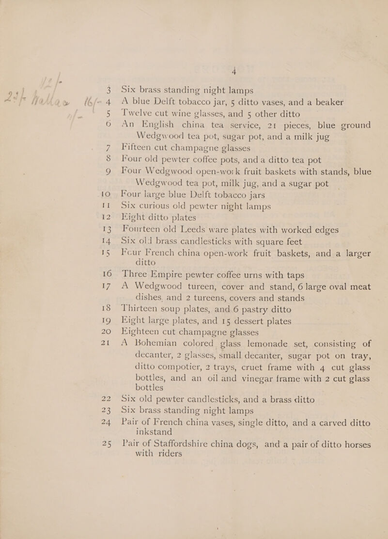 bh SS Wm — Go Com IO Il T2 y 13 14 15 16 17 18 19 20 21 Six brass standing night lamps A blue Delft tobacco jar, 5 ditto vases, and a beaker Twelve cut wine glasses, and 5 other ditto An English china tea service, 21 pieces, blue ground Wedgwood tea pot, sugar pot, and a milk jug Fifteen cut champagne glasses Four old pewter coffee pots, anda ditto tea pot Four Wedgwood open-work fruit baskets with stands, blue Wedgwood tea pot, milk jug, and a sugar pot Four large blue Delft tobacco jars Six curious old pewter night lamps ight ditto plates Fourteen old Leeds ware plates with worked edges Six ol brass candlesticks with square feet Fcur French china open-work fruit baskets, and a larger ditto Three Empire pewter coffee urns with taps A Wedgwood tureen, cover and stand, 6 large oval meat dishes, and 2 tureens, covers and stands Thirteen soup plates, and 6 pastry ditto Eight large plates, and 15 dessert plates Eighteen cut champagne glasses A Bohemian colored glass lemonade set, consisting of decanter, 2 glasses, small decanter, sugar pot on tray, ditto compotier, 2 trays, cruet frame with 4 cut glass bottles, and an oil and vinegar frame with 2 cut glass bottles Six old pewter candlesticks, and a brass ditto Six brass standing night lamps Pair of French china vases, single ditto, and a carved ditto inkstand Pair of Staffordshire china dogs, and a pair of ditto horses with riders