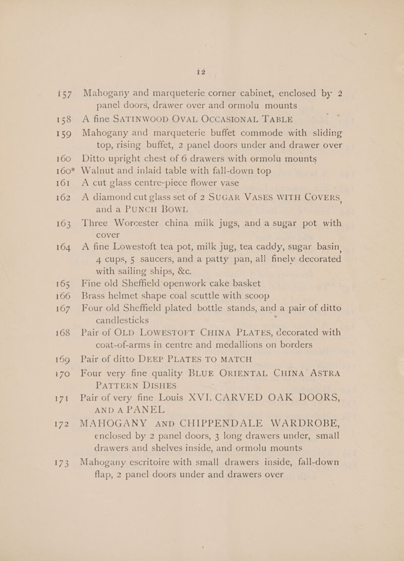 157 158 159 160 i2 Mahogany and marqueterie corner cabinet, enclosed by 2 panel doors, drawer over and ormolu mounts A fine SATINWOOD OVAL OCCASIONAL TABLE Mahogany and marqueterie buffet commode with sliding top, rising buffet, 2 panel doors under and drawer over Ditto upright chest of 6 drawers with ormolu mounts Lod 162 163 1604 165 166 167 168 A cut glass centre-piece flower vase | A diamond cut glass set of 2 SUGAR VASES WITH COVERS and a PUNCH BOWL Three Worcester china milk Jugs, and a sugar pot with cover A fine Lowestoft tea pot, milk jug, tea caddy, sugar basin, 4 cups, 5 saucers, and a patty pan, all finelv decorated with sailing ships, &amp;c. Fine old Sheffield openwork cake basket Brass helmet shape coal scuttle with scoop Four old Sheffield plated bottle stands, and a pair of ditto candlesticks ; Pair of OLD LOWESTOFT CHINA PLATES, decorated with coat-of-arms in centre and medallions on borders Pair of ditto DEEP PLATES TO MATCH Four very fine quality BLUE ORIENTAL CHINA ASTRA PATTERN DISHES Patrotvery fine) ious XVI CARVED OAK DOOkS: AND A PANEL MATIOGANY “AND CHIPPED RIDA Li Wak DRO Di. enclosed by 2 panel doors, 3 long drawers under, small drawers and shelves inside, and ormolu mounts Mahogany escritoire with small drawers inside, fall-down flap, 2 panel doors under and drawers over