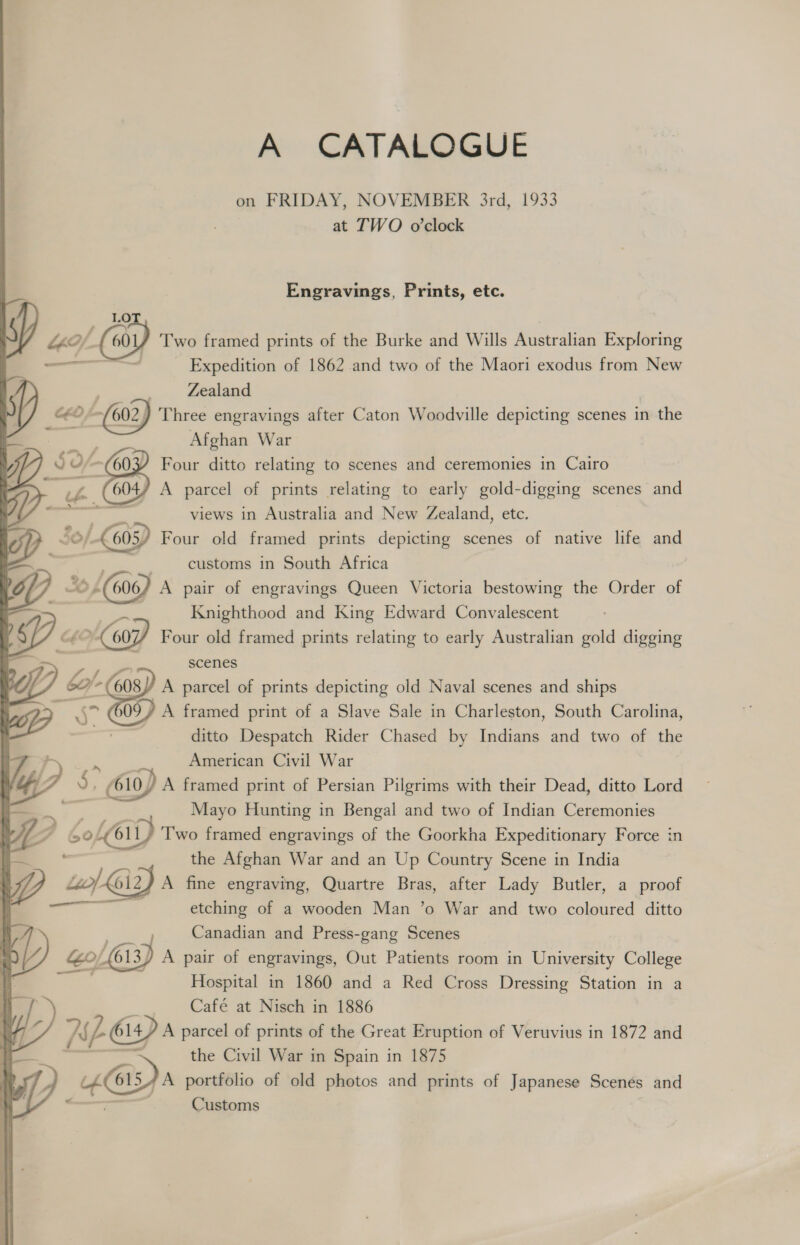 A CATALOGUE on FRIDAY, NOVEMBER 3rd, 1933 at TWO o’clock . Engravings, Prints, etc. y “? / (oa) Two framed prints of the Burke and Wills Australian Exploring Expedition of 1862 and two of the Maori exodus from New Zealand = &lt;©-~(602) Three engravings after Caton Woodville depicting scenes in the 4 Afghan War ae ditto relating to scenes and ceremonies in Cairo (604) A parcel of prints relating to early gold-digging scenes and  views in Australia and New Zealand, etc. D $0) GD Four old framed prints depicting scenes of native life and — ies.) customs in South Africa op os a9 A pair of engravings Queen Victoria bestowing the Order of ——~ = Knighthood and King Edward Convalescent P&lt; »€607/ Four old framed prints relating to early Australian gold digging scenes Le b0/- oo A parcel of prints depicting old Naval scenes and ships A framed print of a Slave Sale in Charleston, South Carolina, ditto Despatch Rider Chased by Indians and two of the American Civil War iD oy 610) A framed print of Persian Pilgrims with their Dead, ditto Lord  Mayo Hunting in Bengal and two of Indian Ceremonies YP Lo ao Two framed engravings of the Goorkha Expeditionary Force in = the Afghan War and an Up Country Scene in India DL) - WAG fine engraving, Quartre Bras, after Lady Butler, a proof &lt;n fi etching of a wooden Man ’o War and two coloured ditto Canadian and Press-gang Scenes iD Go/ 613) A pair of engravings, Out Patients room in University College Hospital in 1860 and a Red Cross Dressing Station in a Café at Nisch in 1886 yp) 24 Aay A parcel of prints of the Great Eruption of Veruvius in 1872 and : the Civil War in Spain in 1875 Pit 61S /A portfolio of old photos and prints of Japanese Scenés and Customs 