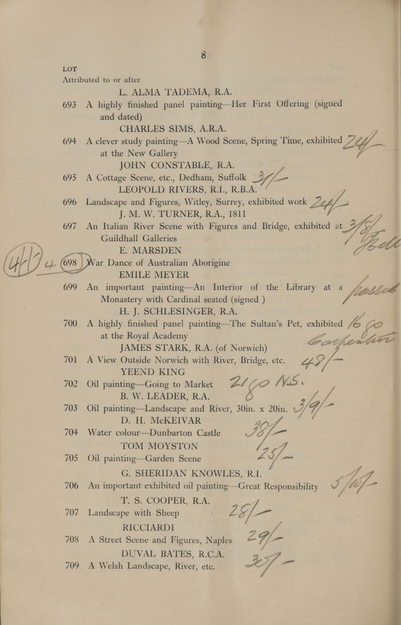 693 694 695 696  700 701 702 703 704 705 706 707 708 709 L. ALMA 'TADEMA, R.A. A highly finished panel painting—Her First Offering (signed and dated) CHARLES SIMS, A.R.A. y A clever study painting—A Wood Scene, Spring Time, exhibited “74 e at the New Gallery : JOHN CONSTABLE, R.A. 7 A Cottage Scene, etc., Dedham, Suffolk L— LEOPOLD RIVERS, R.I., R.B.A. Landscape and Figures, Witley, Surrey, exhibited work Leff J. M. W. TURNER, R.A., 1811 ; An Italian River Scene with — and Bridge, exhibited at Vy, ep Guildhall Galleries V7. E. MARSDEN EA ar Dance of Australian Aborigine EMILE MEYER , An important painting—An Interior of the’ Library at a thee Monastery with Cardinal seated (signed ) Fé ¥ H.: J. SCHLESSINGER, -R.A, A highly finished panel painting—The Sultan’s Pet, = rs yo at the Royal Academy  hee at ee JAMES STARK, R.A. (of Norwich) A View Outside Norwich with River, Bridge, etc. ne BY YEEND KING Oil painting—Going to Market Ct 7, AP /V. 4S. B. W. LEADER, R.A. 5 7, 7. Oil painting—Landscape and River, 30in. x 20in. -”/ 3/q/- D. H. McKEIVAR pf Water colour—Dunbarton Castle AI/— TOM MOYSTON / A Oil painting—Garden Scene v4 S/— G. SHERIDAN KNOWLES, RI. * a An important exhibited oil painting—Great Responsibility J / 1 T. S. COOPER, R.A. Landscape with Sheep : Z &amp;, — RICCIARDI - vs A Street Scene and Figures, Naples 2G — DUVAL BATES, R.C.A. 2&lt;fp . : \ he A Welsh Landscape, River, ete. atl A / a