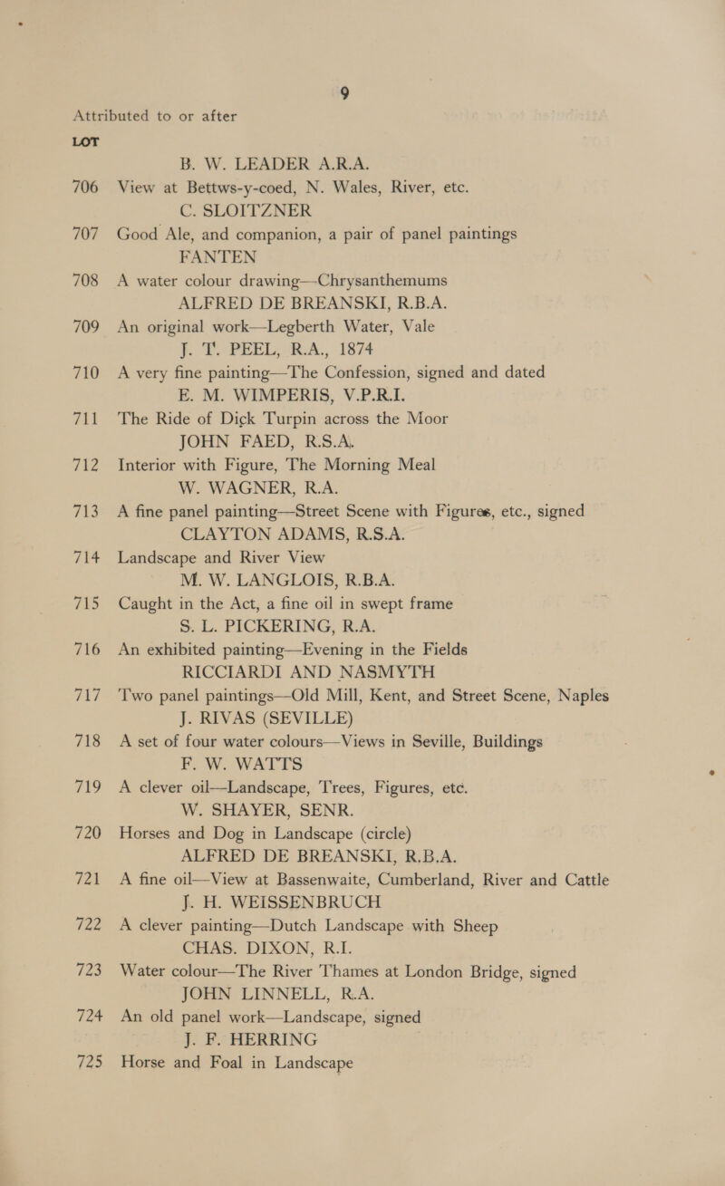 706 707 708 709 710 711 7a ¥: 713 714 745 716 vi/ 718 (A, 720 721 4ZZ 723 san 722 B. W. LEADER A.R.A. View at Bettws-y-coed, N. Wales, River, etc. C. SLOITZNER Good Ale, and companion, a pair of panel paintings FANTEN A water colour drawing—Chrysanthemums ALFRED DE BREANSKI, R.B.A. An original work—Legberth Water, Vale J. T. PEEL, R.A., 1874 A very fine painting—The Confession, signed and dated E. M. WIMPERIS, V.P.R.I. The Ride of Dick Turpin across the Moor JOHN FAED, R:S.A. Interior with Figure, The Morning Meal W. WAGNER, R.A. A fine panel painting—Street Scene with Figures, etc., signed CLAYTON ADAMS, R.S.A. Landscape and River View M. W. LANGLOIS, R.B.A. Caught in the Act, a fine oil in swept frame — S. L. PICKERING, R.A. An exhibited painting—Evening in the Fields RICCIARDI AND NASMYTH Two panel paintings—Old Mill, Kent, and Street Scene, Naples J. RIVAS (SEVILLE) A set of four water colours—Views in Seville, Buildings F. W. WATTS A clever oil—Landscape, Trees, Figures, ete. W. SHAYER, SENR. Horses and Dog in Landscape (circle) ALFRED DE BREANSKI, R.B.A. A fine oil—View at Bassenwaite, Cumberland, River and Cattle J. H. WEISSENBRUCH A clever painting—Dutch Landscape with Sheep CHAS. DIXON, R.I. Water colour—The River Thames at London Bridge, signed JOHN LINNELL, R.A. An old panel work—Landscape, signed J. F. HERRING Horse and Foal in Landscape