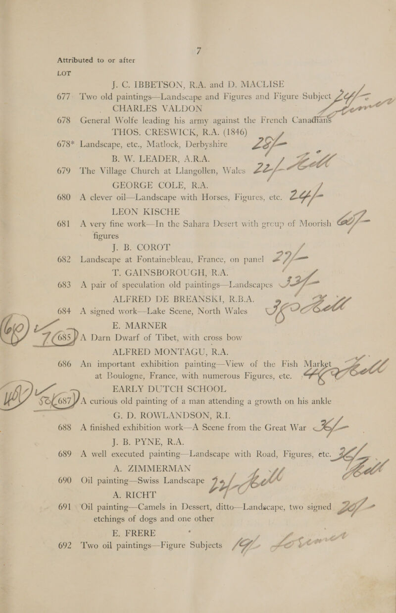 LOT J. C. IBBETSON, R.A. and D. MACLISE 677. ‘Two old paintings—Landscape and Figures and Figure Subject — CHARLES VALDON Lovet ” 678 General Wolfe leading his army against the French Censne THOS. CRESWICK, R.A. (1846) | 678*- Landscape, etc., Matlock, Derbyshire GL S Ae B. W. LEADER, A.R.A. 4 L tcl 679 ‘The Village Church at Llangollen, Wales &amp; GEORGE COLE, RA 680 A clever oil—Landscape with Horses, Figures, etc. LY sia LEON KISCHE if. 681 A very fine work—In the Sahara Desert with grcup of Moorish 7 aia figures : J. B. COROT a 682 Landscape at Fontainebleau, France, on panel # LY,- — T. GAINSBOROUGH, R.A. Assay 683 A pair of speculation old paintings—Landscapes eB Jia ALFRED DE BREANSKI, R.B.A. 684 <A signed work—Lake Scene, North Wales SS sx, FE. MARNER We) 7 (85 Da Darn Dwarf of Tibet, with cross bow ALFRED MONTAGU, R.A. 686 An important exhibition painting—View of the Fish ee “A at Boulogne, France, with numerous Figures, etc. > 4 o4,).-_ EARLY DUTCH SCHOOL SOf 687 Ya curious old painting of a man attending a growth on his ankle G. D. ROWLANDSON, R.I. A finished exhibition work—A Scene from the Great War KL iS. PYNE,-K:A. 689 A well executed painting—Landscape with Road, Figures, ete. A. ZIMMERMAN ‘ UW 690 Oil painting—Swiss Landscape be-d LY? we AS RICHT | 691 Oil painting—Camels in Dessert, ditto—Landscape, two signed ae etchings of dogs and one other E. FRERE : po 4 692 ‘Two oil paintings—Figure Subjects SG we  
