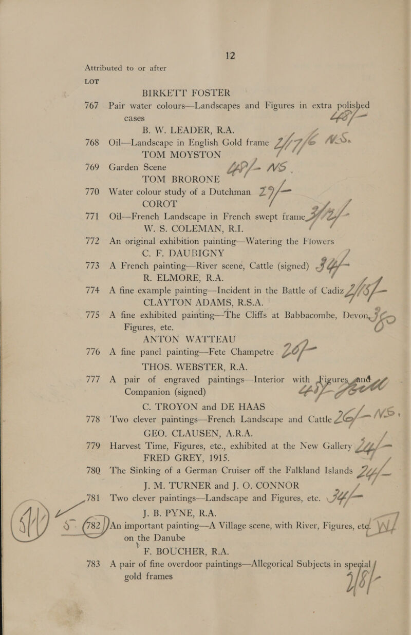  LOT 767 768 7609 770 fie viz Wes 774 775 776 777 778 779 780 781 te 783 BIRKETT FOSTER Pair water colours—Landscapes and Figures in extra polished cases xe i B. W. LEADER, R.A. 7 oe Oil—Landscape in English Gold frame Yh, Ve UD». TOM MOYSTON 4 Garden Scene Uh /- NMS TOM BRORONE Water colour study of a Dutchman 7. ? = COROT oy, Oil—French Landscape in French swept frame /Z; ’ W. S. COLEMAN, R.I. mee i An original exhibition painting—Watering the Klowers C. Fy DAUBIGNY A French painting—River scene, Cattle (signed) IY R. ELMORE; R.A. A fine example painting—Incident in the Battle of Cadiz Yop CLAYTON ADAMS, R:S.A. . A fine exhibited painting—The Cliffs at Babbacombe, PDE Figures, etc. ~ ANTON WATTEAU A fine panel painting—Fete Champetre L6/ = THOS. WEBSTER, R.A. A pair of engraved paintings—Interior eo “EZ  Companion (signed)  C. TROYON and DE HAAS , ra Two clever paintings—French Landscape and Cattle 2G — V2: GEO. CLAUSEN, A.R.A. J Harvest Time, Figures, etc., exhibited at the New Gallery , Lap — FRED: GREY, 1915. / The Sinking of a German Cruiser off the Falkland Islands Liyf- J. M. TURNER and J. O. CONNOR Vee Two clever paintings—Landscape and Figures, etc. Mf J. B. PYNE, R.A. 4 on the Danube F. BOUCHER, R.A. A pair of fine overdoor paintings—Allegorical Subjects in spegial gold frames ifs va