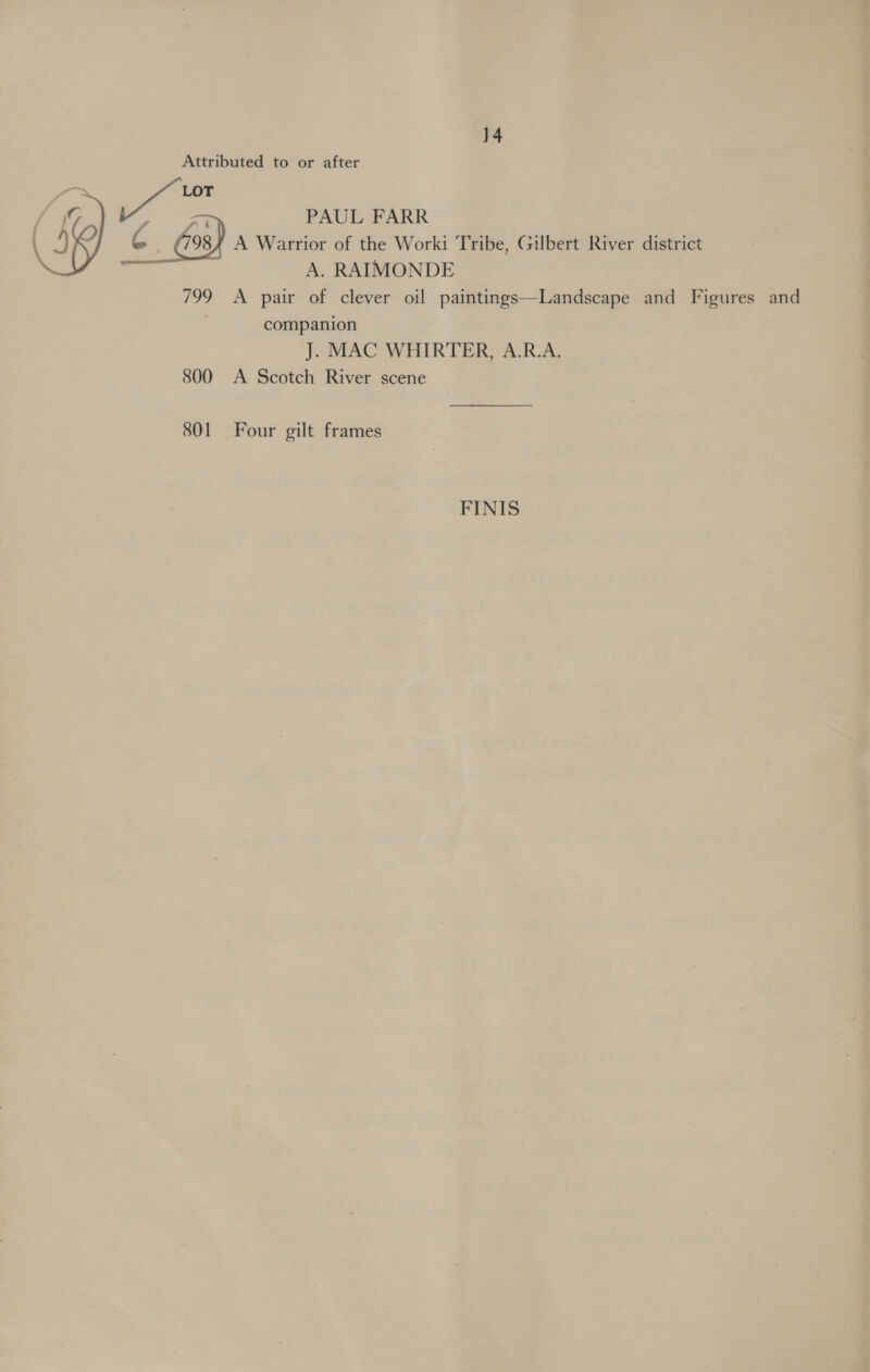 ore LOT , - PAUL FARR G 8) A Warrior of the Worki Tribe, Gilbert River district A. RAIMONDE 799 <A pair of clever oil paintings—Landscape and Figures and companion J. MAC WHIRTER, A.R.A. 800 <A Scotch River scene  801 Four gilt frames FINIS