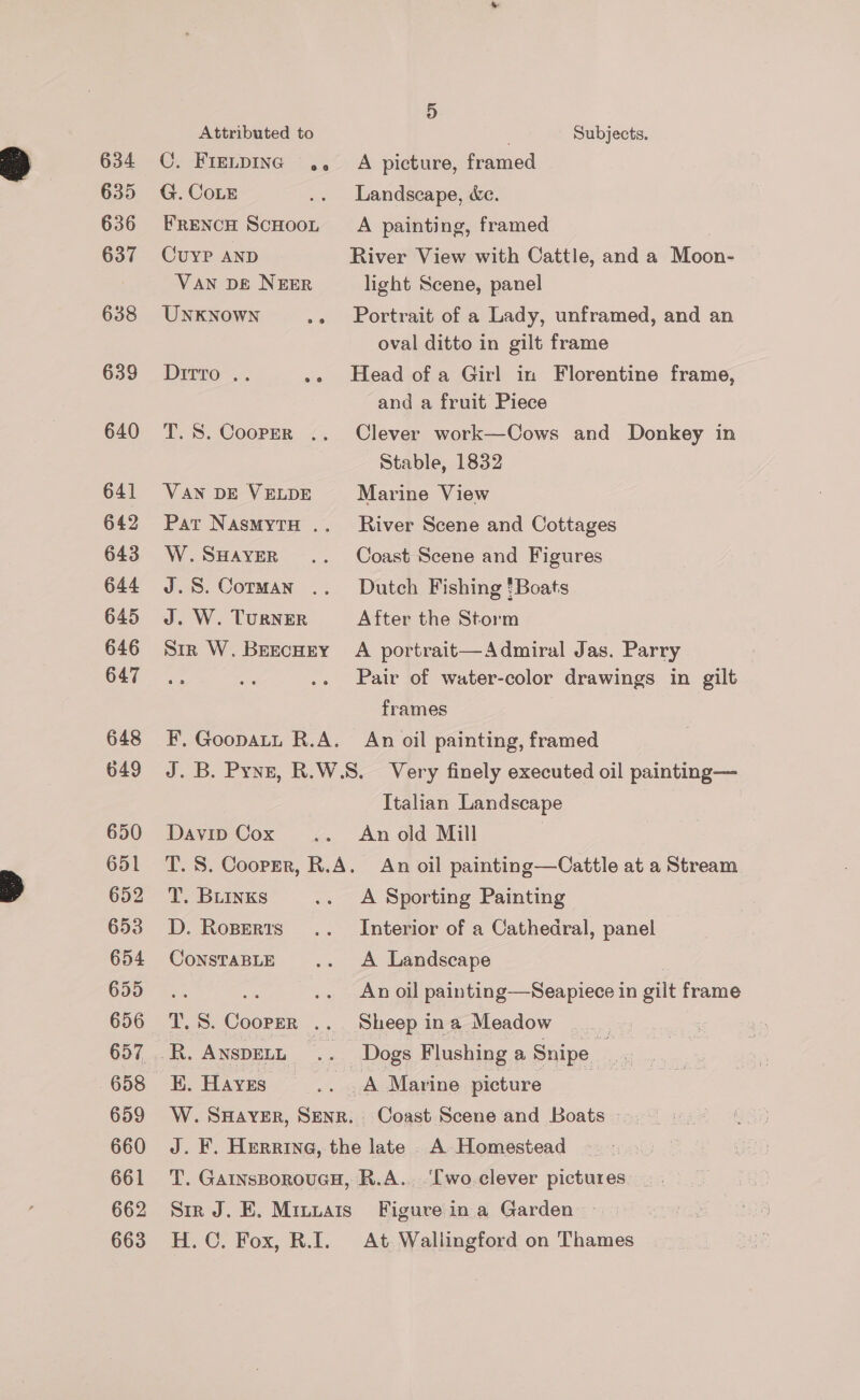 635 636 637 638 639 640 641 642 643 644 645 646 647 648 649 650 651 652 653 654 655 656 657, 658 659 660 661 662 663 Attributed to G. CoLE FRENCH SCHOOL Cuyp AND VAN DE NEER UNKNOWN ee Ditto .. T. S. Cooper . VAN DE VELDE Pat NAsMYTH . W. SHAYER J.S. Corman . J. W. TURNER Sir W. BEecHey F, Goopauu R.A. 9) Subjects. Landscape, &amp;e. A painting, framed . River View with Cattle, and a Moon- light Scene, panel Portrait of a Lady, unframed, and an oval ditto in gilt frame Head of a Girl in Florentine frame, and a fruit Piece Clever work—Cows and Donkey in Stable, 1832 Marine View River Scene and Cottages Coast Scene and Figures Dutch Fishing !Boats After the Storm A portrait— Admiral Jas. Parry Pair of water-color drawings in gilt frames 7 An oil painting, framed Davin Cox T. S. Coorrr, R.A. T. BLINKs D. RoBerts CONSTABLE T.S. Cooper .. ie ANSDELL 3 EK. Hayes W. SHAYER, SENR. Italian Landscape An old Mill An oil painting—Cattle at a Stream A Sporting Painting Interior of a Cathedral, panel A Landscape An oil painting—Seapiece in gilt frame Sheep in a Meadow _ Coast Scene and Boats °~ T. GAINSBOROUGH, Sir J. E, Miuats iO lox, FE. R.A.. ‘[wo.clever pictures Figure ina Garden At. Wallingford on Thames