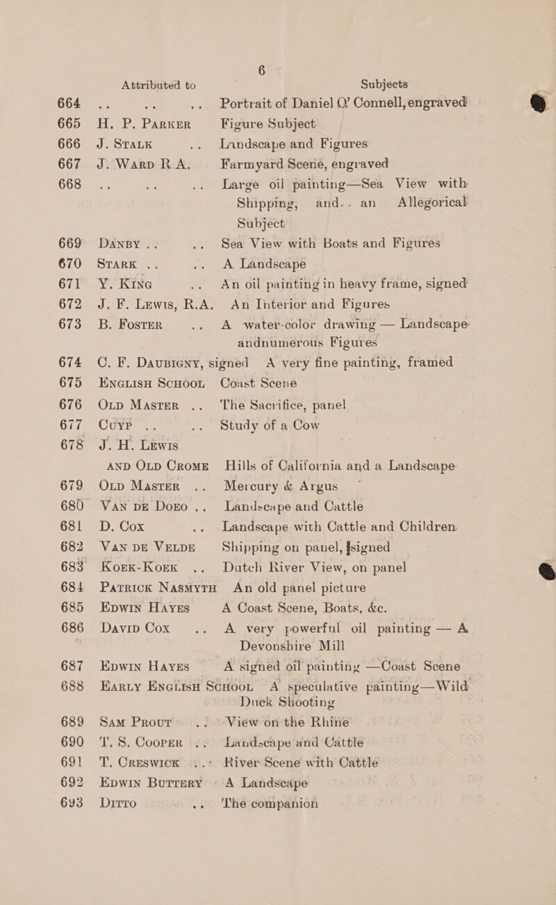 664 665 666 667 668 669 670 671 672 673 674 675 676 677 679 681 682 684 685 686 687 688 689 691 692 6y3 6 Attributed to Subjects . yy .. Portrait of Daniel 0? Connell, engraved H., P. Parker Figure Subject J. STratk .. Lnndscape and Figures J. Warp R.A. Farmyard Scene, engraved Large oil painting—Sea View with Shipping, and.. an Allegorical Subject DANBY .. .. Sea View with Boats and Figures STARK .. .. A Landscape Y. Kine .. An oil painting in heavy frame, signed J. F. Lewis, R.A. An Interior and Figures B. Foster .. A water-color drawing — Landscape: andnumerous Figures C. F. Dausieny, signed A very fine painting, framed ENGLISH ScHooL Coast Scene Oxtp Master .. The Sacrifice, panel Cure .. -.. Study of a Cow J. H. Lewis AND OuD CromE Hills of California and a Landscape. OLtp Master .. Mercury &amp; Argus VAN DE Doro .. Landscape and Cattle Dox .. Landscape with Cattle and Children. Van DE VELDE Shipping on panel, Jsigned Kork-Korex .. Dutch River View, on panel Patrick NasmytH An old panel picture Epwin Hayes A Coast Scene, Boats, &amp;e. Davip Cox .. A very powerful oil painting — A Devonsbire Mill Epwin Hayes __ A signed oil painting —Coast Scene Earty Encuisu Scoot A speculative painting— Wild IDuek Shooting SAM Prout... View on the Rhine T. Creswick +.* River Scene with Cattle Epwin Butrery © A Landscape Dirro ys The companion 