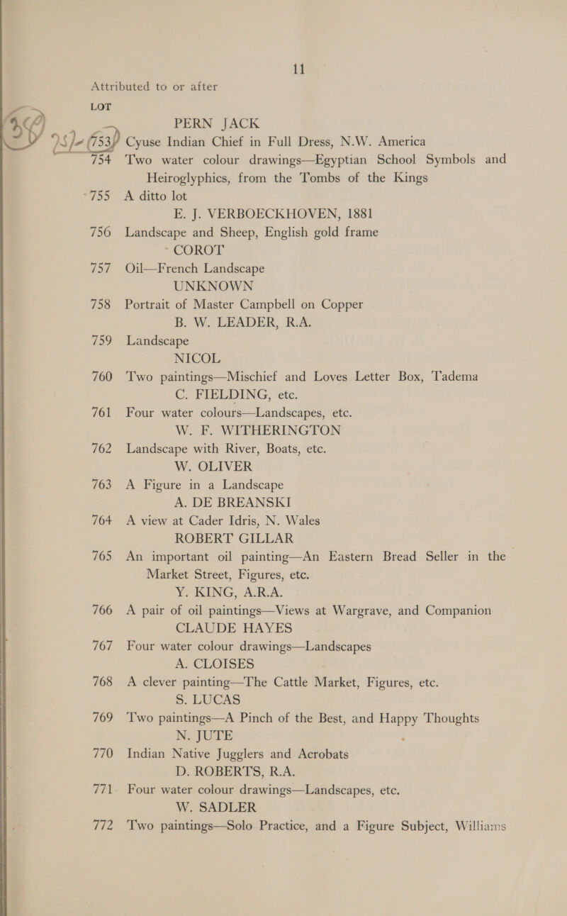 LOT PERN JACK 754 “755 756 hy 758 739 760 761 762 763 764 765 766 767 768 769 770 771 772 Two water colour drawings—Egyptian School Symbols and Heiroglyphics, from the Tombs of the Kings A ditto lot E. J. VERBOECKHOVEN, 1881 Landscape and Sheep, English gold frame COROT Oil—French Landscape UNKNOWN Portrait of Master Campbell on Copper B. W. LEADER, R.A. Landscape NICOL Two paintings—Mischief and Loves Letter Box, ‘T'adema C. FIELDING, etc. Four water colours—Landscapes, etc. W. F. WITHERINGTON Landscape with River, Boats, etc. W. OLIVER A Figure in a Landscape A. DE BREANSKI A view at Cader Idris, N. Wales ROBERT GILLAR An important oil painting—An Eastern Bread Seller in the Market Street, Figures, etc. ¥: KING, ARA. A pair of oil paintings—Views at Wargrave, and Companion CLAUDE HAYES Four water colour drawings—Landscapes A. CLOISES A clever painting—The Cattle Market, Figures, etc. 5S. LUCAS Two paintings—A Pinch of the Best, and Happy Thoughts N. JUTE : Indian Native Jugglers and Acrobats D. ROBERTS, R.A. Four water colour drawings—Landscapes, etc. W. SADLER Two paintings—Solo Practice, and a Figure Subject, Williams