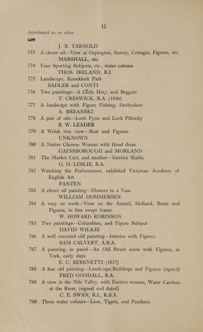 LOT 773 774 775 776 aie 778 719 780 781 783 784 785 786 787 788 789 790 J. B. YARNOED A clever oil—View at Orpington, Surrey, Cottages, Figures, etc. MARSHALL, etc. Four Sporting Subjects, etc., water colours THOS. IRELAND, R.I. Landscape, Knockholt Park SADLER and CONTI Two paintings—A Little Heip, and Beggars T. CRESWICK, R.A. (1846) A landscape with Figure Fishing, Derbyshire A. BREANSKI A pair of oils—Loch Fynn and Loch Pitlochy B. W. LEADER A Welsh rive view—Boat and Figures UNKNOWN A Native Chinese Woman with Head dress GAINSBOROUGH and MORLAND The Market Cart, and another—Interior Stable G. D*LESLIE, BA. Watching the Performance, exhibited Victorian Academy of English Art FANTEN A clever oil painting—Flowers in a Vase WILLIAM DOMMERSEN A very ne work—View on the Amstel, Holland, Boats and Figures, in fine swept frame W. HOWARD ROBINSON Two paintings—Columbine, and Figure Subject DAVID WILKIE A well executed old painting—lInterior with Figures SAM CALVERT, A.R.A. A painting, in panel—An Old Street scene with Figures, in York, early days E.-C. BERENETTI (1837) A fine old painting—Landscape,Buildings and Figures (signed) FRED GOODALL, R.A. A view in the Nile Valley, with Eastern women, Water Carriers at the River, (signed and dated) C. E. SWAN, R.I., R.BiA. Three water colours—Lion, Tigers, and Panthers