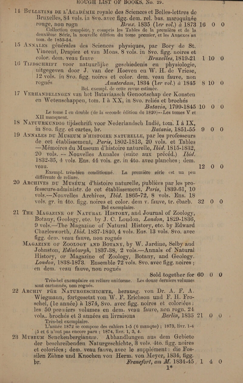 HhOUGH Lisl OF BOOKS, No, 29. Tid tos ba ie 14 Butyurings DE L’ACApiMis royale des Sciences et Belles-lettres de . Bruxelles, 84 vols. in 8vo. avec figg. dem. rel. bas. maroquinée rouge, hon rogn Brux. 1835 (ler vol.) 41873 16 O O Collection complete, y compris les Tables de la premiére et de la deuxiéme Série, la nouvelle édition du tome premier, et les Annexes au tom. de 1853-54. 15 ANNALES générales des Sciences physiques, par Bory de St. Vincent, Drapiez et van Mons. 8 vols. in 8vo. figg. noires et color. dem. veau fauve Bruxelles, 1819-21 110 0O 16 Trspscirirr voor natuurlijke geschiedenis en physiologie, uitgegeven door J. van der Hoeven en W. H. de Vriese, J2 vols. in 8yo. figg. noires et color. dem. veau fauve, non roenés Amsterdam, 1834 (ler vol.) d 1845 8 10 O Bel. exempl. de cette revue estimée. 17 VERIANDELINGEN van het Bataviaasch Genootschap der Konsten en Wetenschappen, tom. I &amp; XX, in 8vo. reliés et brochés Batavia, 1799-1845 10 O 0 Le tome I en double (de la seconde édition de 1820)--Les tomes V et XII manquent. 18 Naruurxonpie tijdschrift voor Nederlandsch Indié, tom. I a IX, in 8vo. figs. et cartes, br. Batavia, 1851-55 9 O O 19 ANNALES DU MUSEUM D'HISTOIRE NATURELLE, par les professeurs de cet établissement, Paris, 1802-1818, 20 vols. et Tables —Mémoires du Museum (histoire naturelle, Zbid. 1815-1832, 20 vols. -~ Nouvelles Annales (suite aux précéd.) bid. 1832-35, 4 vols. Ens. 44 vols. gr. in 4to. avec planches ; dem. veau. 126,079 Exempl. trés-bien conditionné. La premiére série est un peu différente de reliure. 20 ARcHIVEs pU Mustum @histoire naturelle, publiées par les pro- fesseurs-administr. de cet établissement, Paris, 1839-61, 10 vols.—Nouvelles Archives, Ibid. 1865-72, 8 vols. Ens. 18 vols. gr. in 4to. fige. noires et color. dem y. fauve, tr. ébarb. 382 0 O Bel exemplaire. 21 THe Magazine or Natura History, and Journal of Zoology, Botany, Geology, ete. by J. C. Loudon, London, 1829-1836, 9 vols.—The Magazine of Natural History, etc. by Edward Charlesworth, é¢d. 1887-1840, 4 vols. Ens. 13 vols. 8vo. avec fig. dem. veau fauve, non rognés MaGazInE of Zoonoay anv Borany, by W. Jardine, Selby and Johnston, Hdinburgh, 1837-38, 2 vols.—Annals of Natural History, or Magazine of Zoology, Botany, and Geology. London, 1838-1873. Ensemble 72 vols. 8vo. avec figg. noires ; en dem. yeau fauve, non rognés | Sold together for 60 0 Q Trés-bel exemplaire en reliure uniforme. Les douze derniers volumes sont cartonnés, non rognés. 22 Arcuiv Fir Natureescuicurn, herausg. von Dr. A. I. A. Wiegmann, fortgesetzt yon W. F. Erichson und I’. H. Fro- schel, (le année) &amp; 1874, Svo. avec figg. noires et coloriées: les 50 premiers yolumes en dem. yeau fauve, non rogn, 24 vols.. brochés et 3 années en liyraisons Berlin, 18385 21 0 O Trés-bel exemplaire. L’année 1872 se compose des cahiers 1-5 (6 manque) ; 1873, livr. 1-4 - (5 et 6 n’ont pas encore paru ; 1874, livr. 1, 3, 4. 23 Mvszum Senckenbergianum. Abhandlungen aus dem Gebiete | der beschreibenden Naturgeschichte, 3 vols. 4to. figg. noires et coloriées ; dem. veau fauve, avec le supplément: die Fos-. silen Zabne und Knochen yon Herm. yon Meyer, 1834, figg. ‘aie ey: