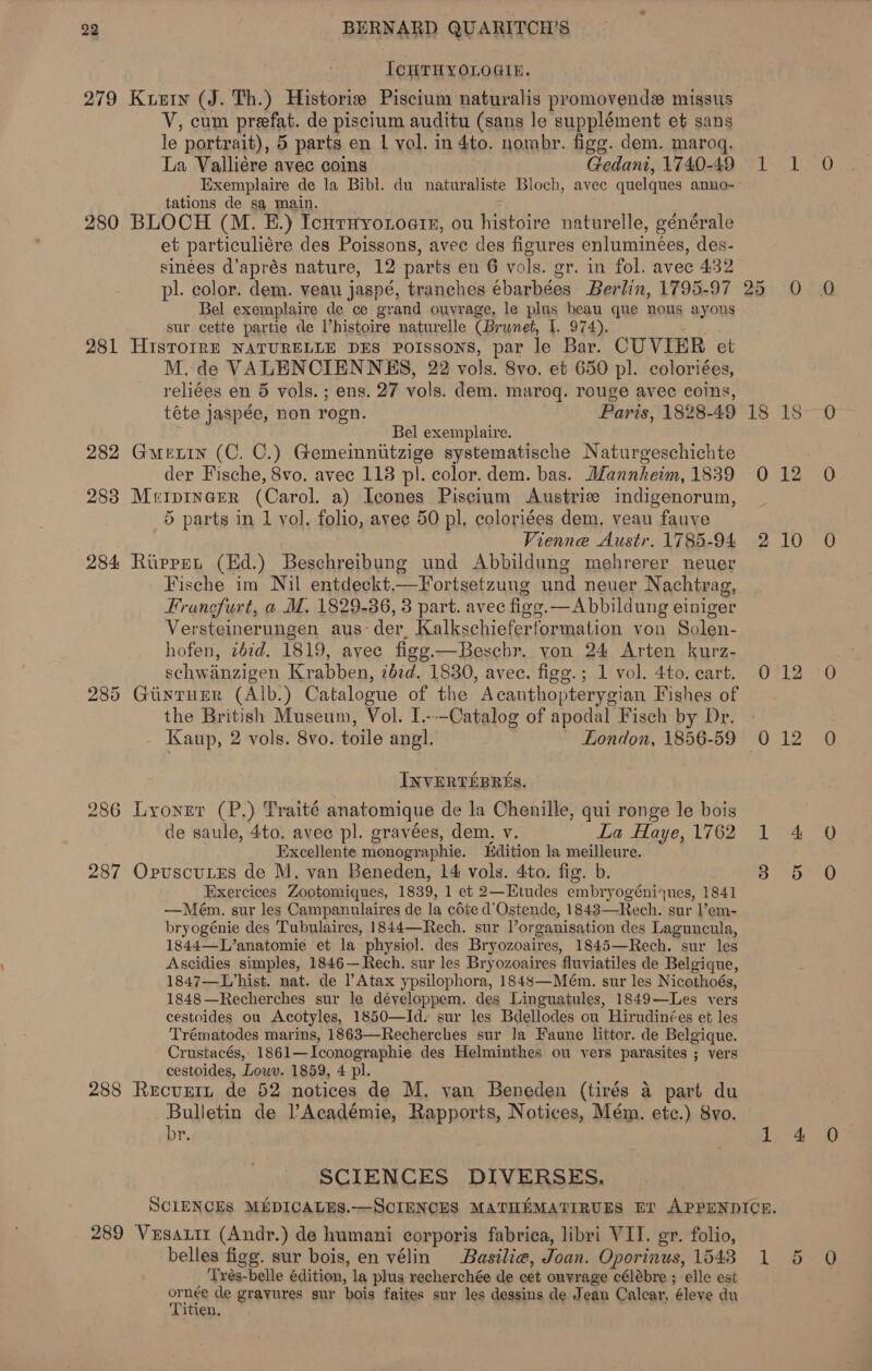 IcHTHYOLOGIE. V, cum preefat. de piscium auditu (sans le supplément et sans le portrait), 5 parts en | vol. in 4to. nombr. figg. dem. maroq. La Valliére avec coins Gedani, 1740-49 Exemplaire de la Bibl. du naturaliste Bloch, avec quelques anno-~ tations de sa main. 280 BLOCH (M. E.) IcutHyoxoetr, ou histoire naturelle, générale et particuliére des Poissons, avec des figures enluminées, des- sinees d’aprés nature, 12 parts en 6 vols. gr. in fol. avec 432 pl. color. dem. veau jaspé, tranches ébarbées Berlin, 1795-97 Bel exemplaire de ce grand ouvrage, le plus beau que nous ayous sur cette partie de Vhistoire naturelle (Brunet, I. 974). 281 HisTrorrrE NATURELLE DES POISSONS, par le Bar. CUVIER et M. de VALENCIENNES, 22 Be 8vo. et 650 pl. coloriées, reliées en 5 vols. ; ens. 27 vols, dem. muroq. rouge avec coins, téte jaspée, non rogn. Paris, 1828-49 Bel exemplaire. 282 Gmuetin (C. C.) Gemeinniitzige systematische Naturgeschichte der Fische, 8vo. avec 118 pl. color. dem. bas. Mannheim, 1839 288 Merpinerer (Carol. a) Icones Piscium Austriz indigenorum, 5 parts in 1 vol, folio, avee 50 pl, coloriées dem. veau fauve Vienne Austr. 1785-94 284 Ruppet (Ed.) Beschreibung und Abbildung mehrerer neuer Fische im Nil entdeckt—Fortsetzung und neuer Nachtrag, Francfurt, a M. 1829-36, 3 part. avec figg.—Abbildung einiger Versteinerungen aus- der, Kalkschieferformation von Solen- schwanzigen Krabben, zb2d. 18380, avec. fige.; 1 vol. 4to. cart. 5 Giunrurr (Alb.) Catalogue of the Acanthopterygian Fishes of the British Museum, Vol. I.---Catalog of apodal Fisch by Dr. Kaup, 2 vols. 8vo. toile ang. : London, 1856-59 © INVERTEBRES. 286 Lyronzr (P.) Traité anatomique de la Chenille, qui ronge le bois de saule, 4to. avee pl. gravées, dem, v. La Haye, 1762 Excellente monographie. Sdition la meilleure. 287 Opuscutes de M. van Beneden, 14 vols. 4to. fig. b. Exercices Zootomiques, 1839, 1 et 2—Etudes embryogénijues, 1841 —Mém. sur les Campanulaires de la céte d’ Ostende, 1843—Rech. sur ]’em- bryogénie des Tubulaires, 1844—Rech. sur l’organisation des Laguncula, 1844—L/anatomie et la physiol. des Bryozoaires, 1845—Rech. sur les Ascidies simples, 1846—Rech. sur les Bryozoaires fluviatiles de Belgique, 1847—L’hist. nat. de l’Atax ypsilophora, 1848—Mém. sur les Nicothoés, 1848—Recherches sur le développem. des Linguatules, 1849—Les vers cestoides ou Acotyles, 1850—Id. sur les Bdellodes ou Hirudinées et les Trématodes marins, 1863—Recherches sur la Faune littor. de Belgique. Crustacés,, 1861—Iconographie des Helminthes ou vers parasites ; vers cestoides, Louv. 1859, 4 pl. 288 Recvert de 52 notices de M. van Beneden (tirés a part du Bulletin de Académie, Rapports, Notices, Mém. ete.) 8vo. pr, SCIENCES DIVERSES., 25 0 18 18 2 10 A) 712 289 Vesauit (Andr.) de humani corporis fabrica, libri VII. gr. folio, Trés-belle édition, la plus recherchée de cet ouvrage célébre ; elle est ae née de grayures sur bois faites sur les dessins de Jean Calcar, ‘éleye du itien,