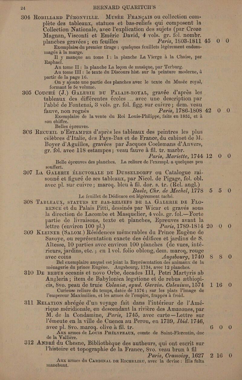  24 BERNARD QUARITCH’S — 304 Rozinarp Péronvinte. Muster Frangats ou collection com: pléte des tableaux, statues et bas-reliefs qui composent la Collection Nationale, avec l’explication des sujets (par Croze Magnan, Visconti et Eméric David, 4 vols. gr. fol. nombr. planches gravées; en feuilles Paris, 1803-1811 Exemplaire du premier tirage ; quelques feuillets legerement endom- magés a la marge. Il y manque au tome I: la planche La Vierge a la Chaise, par Raphael. Au tome IT: la planche La lecon de musique, par Terburg. Au tome IIT: le texte du Discours hist. sur Ja peinture moderne, a partir de la page 16. On y ajoute une partie des planches avec le texte dn Musée royal, formant le 5e volume. 305 Coucuh (J.) Gaterin pu Panars-royat, gravée d’aprés les tableaux des différentes écoles ... avec une description par Vabbé de Fontenai, 8 vols. gr. fol. figg. sur cuivre; dem. veau fauve, non rognés Paris, 1786-1808 Exemplaire de la vente du Roi Louis-Philippe, faite en 1852, et a son chiftre. Belles épreuves. 306 Recurtn p’Estampss d’aprés les tableaux des peintres les plus célébres d’Italie, des Pays-Pas et de France, du cabinet de M. Boyer d’Aguilles, gravées par Jacques Coelemans d’ Anvers, er. fol. avec 118 estampes; veau fauve a fil. tr. marbr. Paris, Mariette, 1744 Belle épretves des planches. La reliure de l’exempl. a quelques peu souffert. 307 La GALERIE EKLECTORALE DE DussELDORFF ou Catalogue rai- sonné et figuré de ses tableaux, par Nicol. de Pigage, fol. obl. avee pl. sur cuivre; maroq. bleu a fil. dor. s. tr. (Rel. angl.) Basle, Chr. de Mechel, 1778 Le feuillet de Dédicace est légérement taché. 308 TABLEAUX, STATUES ET BAS-RELIEFS DE LA GALERIE DE FLo- RENCE et du Palais Pitti, dessinés par Wicar et gravés sous la direction de Lacombe et Masquelier, 4 vols. gr. fol.—Forte partie de livraisons, texte et planches, Epreuves avant la lettre (environ 100 pl.) Paris, 1789-1814 309 Kreiner (Satom.) Résidences memcrables du Prince Eugéne de Savoye, ou représentation exacte des édifices et jardins de S. Altesse, 10 parties avec environ 100 planches (de vues, inté- rieurs, jardins, ete. ; en 1 vol. folio oblong, dem. maroq, rouge avec coins Augsbourg, 1740 Bel exemplaire auquel est joint la Représentation des animaux de la ménagerie du prince Eugéne. Augsbourg, 1734, avec 12 planches. 810 Dr rEBus oceanis et novo Orbe, decades III, Petri Martyris ab Angleria ; item de Babylonica legatione et de rebus ethiopi- cis, Svo. peau de truie Colonie, apud. Gervin. Calenium, 1574 Curieuse reliure du temps, datée de 1576; sur les plats Vimage de Vempereur Maximilien, et les armes de l’empire, frappés a froid. 311 Retation abrégée d’un voyage fait dans l’intérieur de |’ Amé- rique méridionale, en descendant la riviere des Amazones, par M. de la Condamine, Paris, 1745, avec carte— Lettre sur Yémeute en la ville de Cuenca au Perou, en 1739, Lbid. 1746, avec pl. 8vo. marog. olive a fil. tr. Aux armes de Louis PHfiyPEaux, comte de Saint-Florentin, duc de la Valliére. 312 Anpri du Chesne, Bibliothéque des autheurs, qui ont escrit sur histoire et topographie de la France, 8vo. veau brun 4 fil Paris, Cramoisy, 1627 manebunt. 45 0 O 42 0 0 12 0 0 5 ian 20 0 0 8 8 0 116 0 B23) 216° 0