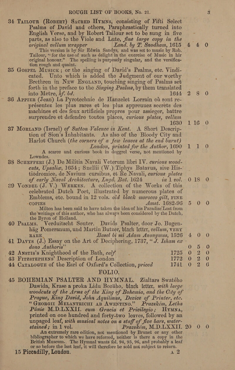 ROUGH LIST OF BOOKS, No. 21. 34 Tarnour (Ropert) Sacrep Hyrmys, consisting of Fifti Select Psalms of David and others, Paraphrastically turned into English Verse, and by Robert Tailour set to be sung in five parts, as also to the Viole and Lute, jine large copy in the original vellum wrapper Lond. by PT. Snodham, 1615 This version is by Sir Edwin Sandys, and et set to music by Rob. original honour.” The spelling is purposely singular, and the versifica- tion rough and quaint. 35 Gospet Musick; or the singing of David’s Psalms, ete. Vindi- cated. Unto which is added the Judgment of our worthy Brethren in New Eneuann, touching singing of Psalms set forth in the preface to the Singing Psalms, by them translated into Metre, hf bd. 1644 36 APPIER (Jean) ‘La Pyrotechnie de Hanzelet Lorrain ot sont re- présentez les plus rares et les plus. appreuuez secrets des machines et des feux artificiels propres pour assieger, battre _ surprendre et defendre toutes places, curious plates, vellum | 630 37 Morzayp (Israel) of Sutton-Valence in Kent. A Short Descrip- tion of Sion’s Inhabitants. As also of the Bloody City and Harlot Church (the corners of a few leaves at the end burnt) London, printed for the Author, 1690 A scarce and curious book in doggrel verse, not mentioned by Lowndes. 38 ScHEFFERI (J.) De Militia Naval Veterum libri IV. curious wood- cuts, Upsalie, 1654; Snellii (W.) Tiphys Batavus, sive His- tiodromice, de Navium cursibus, et Re Navali, curious plates of early Naval Architecture, Lugd. Bat. 1624 in 1 vol. 89 VonpeEt (J. V.) Werxen. A collection of the Works of this celebrated Dutch Poet, illustrated by numerous plates of Emblems, etc. bound in 12 vols. old black morocco gilt, FINE “COPIES Amst. 1682-96 Milton has been said to have taken the idea of his Paradise’ Lost from the writings of this author, who has always been considered by the Dutch, the Byron of Holland. 40 Psatms. Verduitscht Souter. Davids Psalter, door Jo. Bugen- hig Pomeranum, und Martin Butzer, black letter, vellum, VERY RARE. Basel bi mi Adam Anon ymus, 1526 41 Davys by ) Essay on the Art of Deciphering, 1737, “J. Isham ex dono Authoris”’ 42 Anstis’s Knighthood of the Bath, calf ‘ 1725 43 FirzsrepHens’ Description of London 1772 44, CaTaLo@uE of the Earl of Oxford’s Collection, preg 1741 FOLIO. 45 BOHEMIAN PSALTER AND HYMNAL. Zialtars Swatého Dawida, Krase a proka Lidu Boziiho, black letter, with large woodcuts of the Arms of the King of Bohemia, and the City of Prague, King David, John Aquilinus, Device of Printer, etc. “ GEORGII Mananrricur AB AWENTINO.” Prazském, Letha Pinte M.D.UXXII. cum Gracia et Privilegio; Hymna, printed on one hundred and forty-two leaves, followed by an unpaged leaf, with musical notes on a staff of five bars, water- stained ; in 1 vol. Prazském, M.D. TOKEN An extremely rare edition, not mentioned by Brunet or any other bibliographer to which we have referred, neither is there a copy in the British Museum.. The Hymnal wants fol, 94, 95, 96, and probably a leaf or so before the last leaf, it will therefore be sold not subject to return. 15 Piccadilly, London. A 2 2° 3) 0 116 0 ti 0 018 0 Se. 02” O 4 0 O 0 5 0 0 2 0 0 2 0 Oe 2a. 6 20 0 0