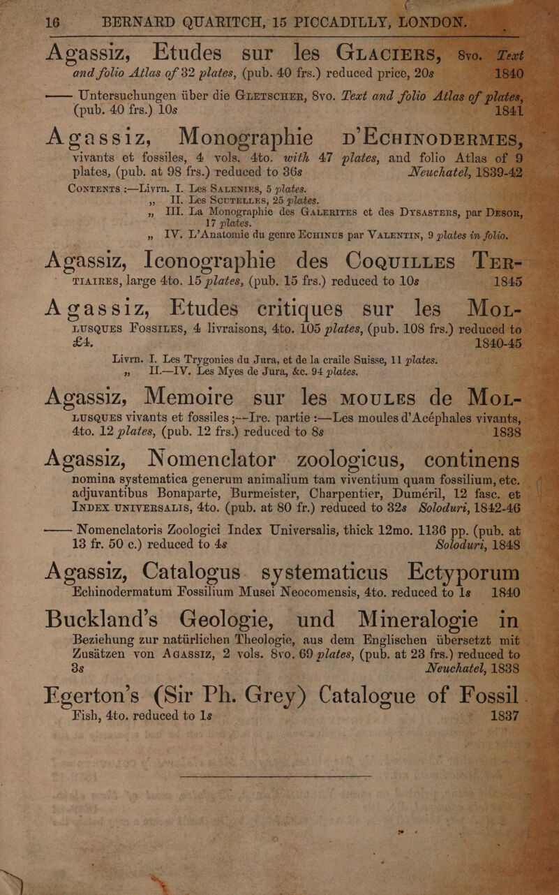                — eaten iiber die rent, sro. Teat and 1 fli A (pub. 40 frs.) 10s é Agassiz, Monographie bp EcuINODER vivants et fossiles, 4 vols. dto. with 47 plates, and folio Atlas | plates, (pub. at 98 ‘frs.) reduced to 36s. Neuchatel, | ConTents :—Liyrn. I. Les SALENIRS, 5 plates. » . Ldies ScurEeLes, 25 plates. ne 5) a ae Monographie des GALERITES et des Dysasrers, par. 17 plates. ne es » IV. L’Anatomie du genre Ecuinvs par VALENTIN, 9 pe mM . Agassiz, Iconographie des CoqurLizs — Agassiz, Etudes critiques sur les LUSQUES Posteaes, 4, livraisons, — 105 plates, (pub. 108 ‘frs.) x r £4, -Livrn. I. Les Tcoltiee du Jura, et de la craile Suisse, 11 plates. » iII—IV. Les Myes de Jura, &amp;c. 94 plates. Agassiz, Memoire sur les movies de LUSQUES vivants et fossiles ~-Ire. partie :—Les moules d’Acéphale 4to. 12 plates, (pub. 12 firs.) reduced to 8s Agassiz, Nomenclator zoologicus, contin nomina systematica generum animalium tam viventium quam fossilium. adjuvantibus Bonaparte, Burmeister, Charpentier, Duméril, 12 fase. INDEX UNIVERSALIS, 4to. (pub. at 80 fr.) reduced to 32s Soloduri, 18  Nomenclatoris Zoologici Index Universalis, thick 12mo. 1136 pp. (p 13 fr. 50 c.) reduced to 4s Soloduri, Agassiz, Catalogus. systematicus Eetypor -Echinodermatum Fossilium Musei Neocomensis, 4to. reduced to ls — Buckland’s Geologie, und Mineralogie Beziehung zur natiirlichen Theologie, aus dem Englischen wber: Zusatzen von Aqgassiz, 2 vols. ih 69 plates, (pub. at 23. frs.) re 38 Neuchat Egerton’s (Sir Ph. Grey) Catalogue of - Fish, 4to. reduced to ls