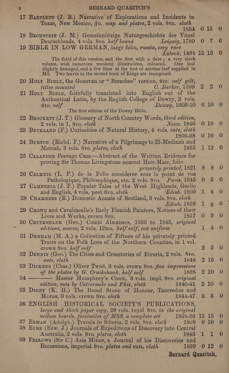 17 Barriterr (J. R.) Narrative of Explorations and Incidents in Texas, New Mexico, fc. map and plates, 2 vols. 8vo. cloth 1854 18 Brcousrern (J. M.) Gemeinniitzige Naturgeschichte der Vogel Deutschlands, 4 vols. 8vo. half bound Leipzig, 1789 19 BIBLE IN LOW GERMAN, large folio, russia, very. rare Liibeck, 1494 The third of this version, and the first with a date; a very thick volume, with numerous woodcut illustrations, coloured. One leaf slightly damaged, and a few lines at the foot of another leaf supplied in Ms. ‘Two leaves in the second book of Kings are transposed. 20 Hoxy BrsxE, the Genevan or “ Breeches” version, 4to. ca lf gilt, titles mounted C. Barker, 1599 21 Hoty Bree, faithfully translated into English out of the Authentical Latin, by the English College of Doway, 2 vols. 4to. calf Doway, 1609-10 The first edition of the Doway Bible. 22 Brocxert (J. T.) Glossary of North Country Words, third edition, 2 vols. in 1, 8vo. cloth Newe. 1846 23 Bucxianp (F.) Curiosities of Natural History, 4 vols. cuts, cloth 1866-68 24 Burton (Richd. F.) Narrative of a Pilgrimage to Hl-Medinah and Meccah, 3 vols. 8vo. plates, cloth 1855 25 CatanpER Peerage Case.—Abstract of the Written Bvidence for proving Sir Thomas Livingstone nearest Heir-Male, folio privately printed, 1821 26 Carmen (L. F.) de la Folie consideree sous le point de vue Pathologique, Philosophique, etc. 2 vols. 8vo. Paris, 1846 27 Campzett (J. F.) Popular Tales of the West Highlands, Gaelic and English, 4 vols. post 8vo. cloth Ldinb. 1860 28 CHamBers (R.) ‘Domestic Annals of Scotland, 3 vols. 8vo. cloth Edinb. 1859 29 Crowe and Cavalcaselle’s Early Flemish Painters, Notices of their Lives and Works, crown 8vo. 1857 editions, scarce, 2 vols. 12mo. half calf, not uniform 31 Drennan (M. A.) a Collection of Fifteen of his privately printed Tracts on the Folk Lore of the Northern Counties, in 1 vol. crown 8vo. half ealf 32 Drnnis (Geo.) The Cities and Cemeteries of Hiruria, 2 vols. 8vo.   cuts, cloth 1848 33 DicKENS (Chas.) Oliver Twist, 8 vols, crown 8yo. fine impressions of the plates by G. Cruikshank, half calf 1838 34 Master Humphrey’s Olock, 3 vols. impl. 8yo. original edition, cuts by Cattermole and Phiz, cloth 1840-41 35 Diesy (K. H.) The Broad Stone of Honour, Tancredus and Morus, 8 vols. crown 8vo. cloth 1844-47 86 ENGLISH HISTORICAL SOCIETY'S PUBLICATIONS, large and thick paper copy, 29 vols. royal 8vo. in the original vellum boards, facsimiles of MSS, a complete set 1838-56 37 Erman (Adolpb.) Travels in Siberia, 2 vols. 8vo. cloth 1868 38 Eyre (Edw. J.) Journals of Expeditions of Discovery into Central Australia, 2 vols. 8vo. plates, cloth 1845 39 FrtLtows (Sir C.) Asia Minor, a Journal of his Discoveries and Excursions, imperial 8yo. ‘plates and cuts, cloth 1839 15 15 oo) | eae! . - pe Oe a oe Ee ee 10-6) 15 15 0 10 Lae 8 0 12 i) co) oe a O- © Se oars ite OOF tS Ce Os, Soa