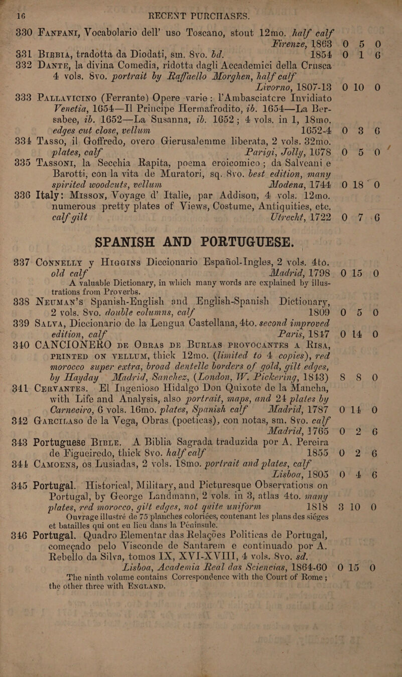 330 Fanrant, Vocabolario dell’ uso Toscano, stout 12mo. half calf Firenze, 1863 831 Brest, tradotta da Diodati, sm. Svo. dd. 1854 332 Dante, la divina Comedia, ridotta dagli Accademici della Crusca | 4 vols, 8vo, portrait by Raffaello Morghen, half calf Livorno, 1807-13 333 Patiavictno (Ferrante) Opere varie: ’Ambasciatcre Invidiato Venetia, 1654—I1 Principe Hermafrodito, 26. 1654—La Ber- sabee, 7b. 1652—La Susanna, 2). 1652; 4 vols. in 1, 18mo, edges cut close, vellum 1652-4 334 Tasso, il Goffredo, overo Ceerisnlaunn liberata, 2 vols. 82mo. plates, calf Parigi, Jolly, 1678 335 Tassontr, la Secchia Rapita, poema eroicomico; da Salveani e Barotti, con la vita de Muratori, sq. 8vo. best edition, many spirited woodcuts, vellum Modena, 1744: 336 Italy: Missoy, Voyage qd’ Italie, par Addison, 4: vols. 12mo. numerous pretty plates of Views, Costume, Antiquities, ete, calf gilt Utrecht, 1722 SPANISH AND PORTUGUESE. 837 Connetty y Hieatns Diccionario Espafiol-Ingles, 2 vols. 4to. old calf Madrid, 1798 A valuable Dictionary, in which many words are explained by illus- trations from Proverbs. 838 Neuman’s Spanish-English and English-Spanish Dictionary, 2 vols. Svo. double columns, calf 1809 839 Sarva, Diccionario de la Lengua Castellana, 4to. second improved edition, calf Paris, 1847 840 CANCIONERO pr Opras pe Burtas Provocantrs A Risa, PRINTED ON VELLUM, thick 12mo. (limited to 4 copies), red morocco super extra, broad dentelle borders of gold, gilt edges, by Hayday Madrid, Sanchez, (London, W. Pickering, 1843) 341 Cervantes. El Ingenioso Hidalgo Don Quixote de la Mancha, with Life and Analysis, also portrait, maps, and 24 plates by Oarneciro, 6 vols. 16mo. plates, Spanish calf | Madrid, 1787 342 GARCILASO de la Vega, Obras (poeticas), con notas, sm. 8yo. calf Madrid, 1765 343 Portuguese Birnie. &lt;A Biblia Sagrada traduzida por A. Pepe de Figueiredo, thick 8yvo. half calf 1855 | Bad Canorns, os Lusiadas, 2 vols. 18mo. portrait and plates, calf LIasboa, 1805 345 Portugal. “Historical, Military, and Picturesque Observations on Portugal, by ae ve L Andina 2 vols. in 3, atlas 4to. many plates, add morocco, gilt edges, not quite wnifor mr 1818 Ouvrage illustré de 75 planches colorices, contenant les plans des siéges et batailles qui ont eu lieu dans la Péninsule. 346 Portugal. Quadro Elementar das Relagoes Politicas de Portugal, comecado pelo Visconde de Santarem e continuado por vA. Rebello da Silva, tomos IX, XVI-X VIII, 4 vols. Svo. sd. Lisboa, el adenih Real dak Sciencias, 1864-60 The ninth volume contains Correspondence with the Court of Rome ; the other three with ENGLAND, oo =) co ei) i) | 15 Cr 14 14 oe Ss (op) ©