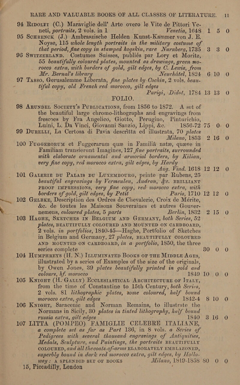94 Rrporrr (C.) Maraviglie dell’ Arte overo le Vite de Pittori Ve- neti, portraits, 2 vols. in 1 Venetia, 1648 1 95 ScurencK (J.) Ambraszische Helden Kunst-Kammer von J. E. Noyse, 115 whole length portraits in the military costume of that period, fine copy in stamped hogskin, rare Nurnberg, 1735 3 3 96 SwirzERLAND. Costumes Suisses, publiés par Lory et Moritz, 55 beautifully coloured plates, mounted as drawings, green mo- rocco extra, with borders of gold, gilt edges, by C. Lewis, from Mr. Bernal’s library Neuchatel, 1824 6 10 97 Tasso, Gerusalemme Liberata, fine plates by Cochin, 2 vols. beau- tiful copy, old French red morocco, gilt edges Parigt, Didot, 1784 18 13 FOLIO. 98 ArunpDEL Socrety’s Pusrications, from 1856 to 1872. <A set of the beautiful large chromo-lithographs and engravings from frescoes by Fra Angelico, Giotto, Perugino, Pinturichio, nr 99 DvuRELLI, ‘La Certosa di Pavia deseritta ed illustrata, 70 plates Milano; 1853 2 16 100 Fuaerrorum et Fu uggerarum que in Familia nate, queve in Familiam transierunt Imagines, 127 fine portraits, surrounded with elaborate ornamental and armorial borders, by Kilian, very fine copy, red morocco extra, gilt edges, by Hardy Aug. Vind. ae 12 12 101 Gaturre pu Pazars pv LUXEMBOURG, peinte par Rubens, 2 beautiful engravings by Vermeulen, Audra; Se. as He No PROOF IMPRESSIONS, very fine copy, red morocco extra, with borders of gold, gilt edges, by Petit Paris, 1710 12 12 102 Gexzxe, Description des Ordres de Chevalerie, Croix de Mérite, &amp;c. de toutes les Maisons Souveraines et autres Gouver- nemens, coloured plates, 5 parts Berlin, 1882 2 15 103 Haare, Sxkercues in Betoium anp GERMANY, both Series, 52 plates, BEAUTIFULLY COLOURED AND MOUNTED ON CARDBOARD, 2 vols. in portfolios, 1840-45—Haghe, Portfolio of Sketches in Belgium and Germany, 27 plates, BEAUTIFULLY COLOURED AND MOUNTED ON CARDBOARD, in a portfolio, 1850, the three series complete 30 O 104 Humpureys (H. N.) Innuminatrep Booxs oF THE Mippie Aass, illustrated by a series of Examples of the size of the originals, by Owen Jones, 39 plates beautifully printed in gold and colours, hf. morocco 1849 10 0 105 Kyieur (H. Gatty) Eccrestastican ARCHITECTURE OF Iraty, from the time of Constantine to 15th Century, both Serivs, 2 vols. 81 lithographic plates, some coloured, half bowed morocco extra, gilt edges 1842-4 8 10 106 Knient, Saracenic and Norman Remains, to illustrate the Normans in Sicily, 830 plates in tinted lithogr aphy, half bound russia extra, gilt edges 1840 3 16 107 LITTA (POMPEO) FAMIGLIE CELEBRE ITALIANH, a complete set as far as Part 136, in 8 vols. a@ Series of | Pedigrees with several thousand engravings of Antiquities, Medals, Sculpture, and Paintings, the portraits BEAUTIFULLY COLOURED, and all thecoats-of-arms ELABORATELY EMBLAZONED, superbly bound in dark red morocco extra, gilt edges, by Hollo- way: A SPLENDID §ET OF BOOKS Milano, 1819-1858 80 0 15, Piceadilly, London