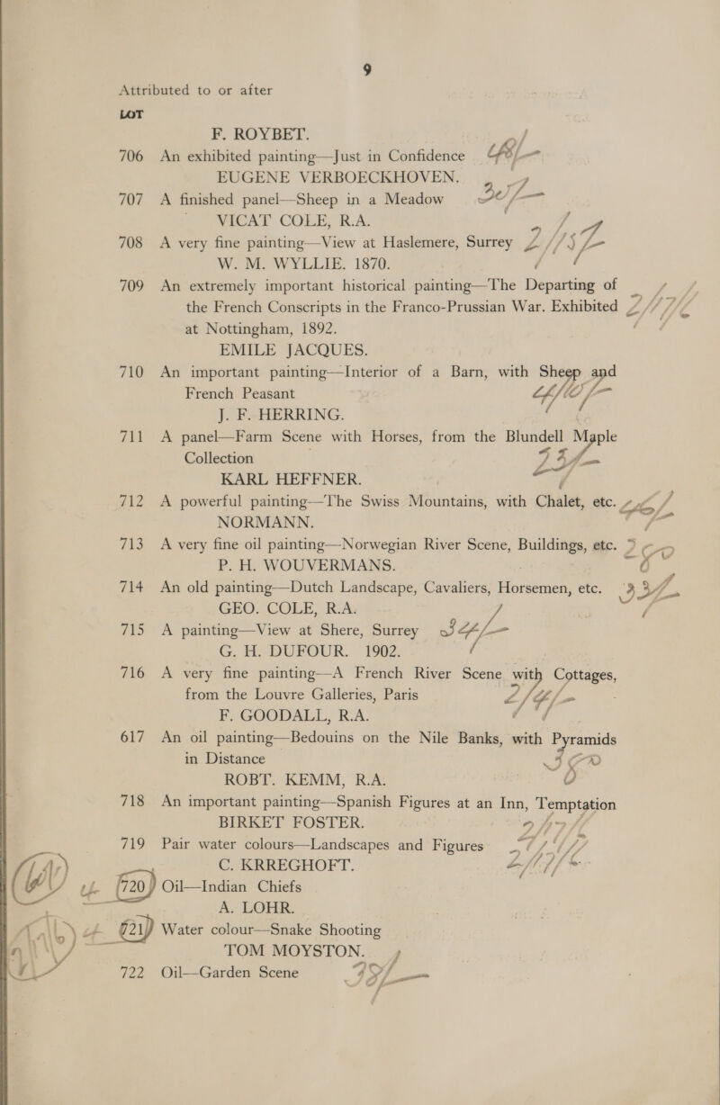 LOT F. ROYBET. vere, 706 An exhibited painting—Just in Confidence “s/_— EUGENE VERBOECKHOVEN. 2 707 <A finished panel—Sheep in a Meadow He if _ VICAT COLE, R.A. Py: 708 A very fine painting—View at Haslemere, Surrey Isl W. M. WYLLIE. 1870. é 709 An extremely important historical painting—The Departing of _ the French Conscripts in the Franco-Prussian War. Exhibited Ne at Nottingham, 1892. é EMILE JACQUES. 710 An important painting—TInterior of a Barn, with iy French Peasant Yip J. F.-HERRING. 711 A panel—Farm Scene with Horses, from the Blundell Mppl Collection 9 Y- KARL HEFFNER. | nis 712 A powerful painting—The Swiss Mountains, with Chalet etc. 4 phe / itt Acad NORMANN. 713 A very fine oil painting—Norwegian River Scene, Buildings, etc. ; CO P. H. WOUVERMANS. : sn 714 An old painting—Dutch Landscape, Cavaliers, Horsemen, etc. 3Y ‘# GEO. COLE, R.A. ) 715 A painting—View at Shere, Surrey o3Z4/-= G, H. DUFOUR. 1902. ae 716 <A very fine painting—A French River Scene y/ Cottages, (cae f from the Louvre Galleries, Paris Z2/e/- F. GOODALL, R.A. v if 617 An oil painting—Bedouins on the Nile Banks, with pram in Distance 7) ROBT. KEMM, R.A. ? ~ &amp; 718 An important painting—Spanish Figures at an Inn, ea a 719 Pair water colours—Landscapes and Figures ae / Vf C. KRREGHOFT. LG f © 720) Oil—Indian Chiefs ee A. LOHR 4. Gay Water colour—Snake Shooting _ TOM MOYSTON. } . “a Cs fo 722 Oil—Garden Scene I Sf — Cf Fd 