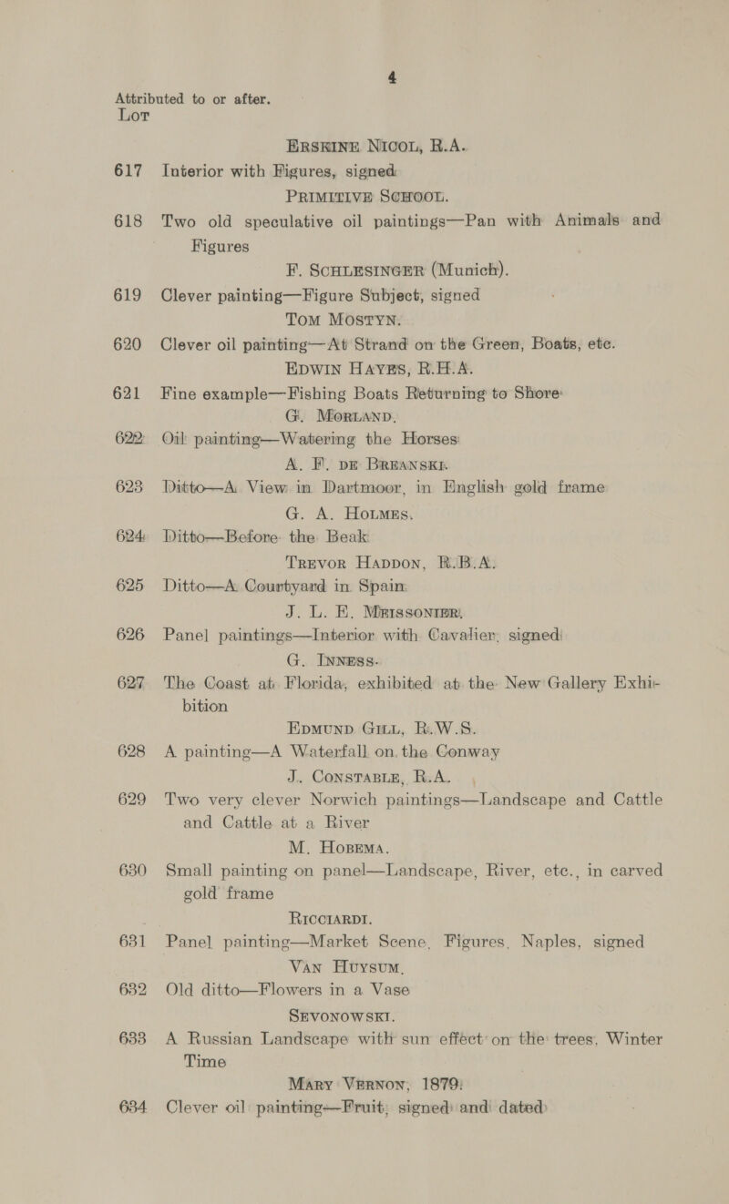 617 618 619 620 621 628 629 630 634 ERSKINE Nicou, R.A. Interior with Figures, signed PRIMITIVE SCHOOL. Two old speculative oil paintings—Pan with Animals and Figures F. SCHLESINGER (Munich). Clever painting—Figure Subject, signed Tom Mostyn. Clever oil painting—At Strand on the Green, Boats, etc. EDWIN Haye#s, R.H.A. Fine example—Fishing Boats Returning to Shore: G. Mor ann. A. F. pe BREANSKE Ditto—A: View in Dartmoor, in English gold frame G. A. HoLMEs. Ditto—Before the Beak Trevor Happon, BR.B.A. Ditto—A. Courtyard in. Spain. J. L. HE. Mmissonipr, Panel paintings—Intenor with Cavalier, signed G. INNEss.. The Coast at Florida, exhibited at. the New Gallery Exhi- bition Epmunp Gitt, R.W.S. A painting—A Waterfall on. the Conway J. CONSTABLE, R.A. Two very clever Norwich paintings—Landscape and Cattle and Cattle at a River M. HoBemMa. Small painting on panel—Landscape, River, etc., in carved gold frame RiIccraRDI. Panel painting—Market Scene, Figures, Naples, signed Van Huoysvum, Old ditto—Flowers in a Vase SEVONOWSEI. A Russian Landscape with sun effect: on the: trees, Winter Time Mary VERNON, 1879: Clever oil painting—Fruit, signed) andi dated