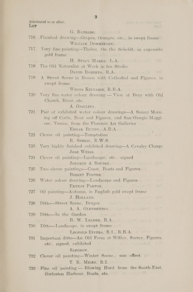 716 717 721 725 726 732 733 | G. BARBARO, Finished drawing—Grapes, Oranges, etc.,.in swept frame”. WiLLiam DOMMERSEN: Very fine painting—Tholen, On the Scheldt, in expensive gold frame H. Stacy Marks, I-A: The Old Naturalist at Work in his Studio Davip Roprrts, R.A. | A Street Scene in Rouen with Cathedral and Figures, in swept frame By Wiees Kinnarrp, R.B.A. Very fine water colour drawing — View at Bray with Old Church, River, ete. A. GIALLINA. Pair of exhibited water colour drawihgs—A Sunny Morn- ing off Corfu, Boat and Figures, and San Giorgio Magei- ore, Venice, from the Florence Art: Galleries Hpa@ar Bunpy,-AsRvA. Clever oil painting—Temptation R. Smxin, R-W.S. Very highly finished exhibited drawing—A. Cavalry Charge Jose WEISS. Clever oil painting—Landseape, etc., nie JONGKIN &amp; Bovunpin. Two clever paintings—Coast, Boats and Figures: ~ Brrket Foster.” Water colour drawinge—lLandscape and Figures ERNEST PARTON. Oil painting—Autumn, in English gold swept frame J. HoLuann. Ditto—Street Scene, Bruges A. A. GLENDENING: f fama 'B..W. LEADER, R. A. ee ee in swept frame Leopoup Rivers; R.T., B.B.A. Important ditto—An Old Farm at Witley, rae Figures, etc., signed, exhibited SAFONOV. Clever oil painting—Winter Scene,, sun effect T. R.. Mines; RB.T. Fine oil painting — Blowing Hard from. the seeian East, Gorleston Harbour, Boats, ete. | 6