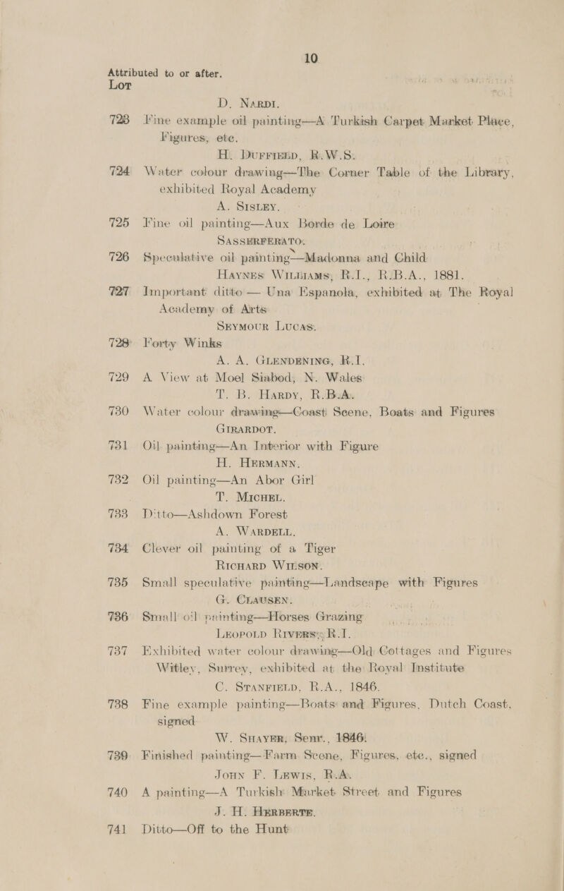 10 Attributed to or after. Lor D. Narpi. 723 Iine example oil painting—A Turkish Carpet Market Place, ligures, ete. H. Durrrenp, R.W.S: 724 Water colour drawing—The Corner Table of the Lilwasy, exhibited Royal Academy | A. SIgLEy. 725 Fine oil painting—Aux Borde de Loire SASSERFERATO: 726 Speculative oil painting-—Madonna and Child Haynes: WiuLitAMs; BR.T., RJB.A., 1881. 727 «Important ditto — Una Espanola, exhibited at The Royal Academy of Arts | SEYMOUR Lucas. 728 Vorty Winks A. A. GLENDENING, BR.I. 729 A View at Moel Siabod; N. Wales T. B. Harpy, R.iBute. 730 Water colour drawine—Coast Seene, Boats and Figures GIRARDOT. 731 Oil paintme—An Interior with Figure H. HERMANN. 732 Oil painting—An Abor Girl 7 T. MicHE.. 7383 Ditto—Ashdown Forest A. WARDELL. 734 Clever oil painting of a Tiger RIcHARD WILSON. 735 Small speculative painting G. CEAUSEN. : ! 736 Small oi] paimting—Horses Grazing Leopoup Riverse RAT. 737 Exhibited water colour drawinme—Old Cottages and Figures Witley, Surrey, exhibited at the Royal Institute C. SranFreLp, R.A., 1846. 738 Fine example painting—Boats and Figures, Dutch Coast, signed  Landseape with Figures W. SuayerR, Senr., 1846. 739 Finished paintinge—Farm Scene, Figures, ete., signed Joun F. Lewis, R.A. 740 A painting—A Turkish Market. Street and Figures J. H. HERBERTE. 741 Ditto—Off to the Hunt