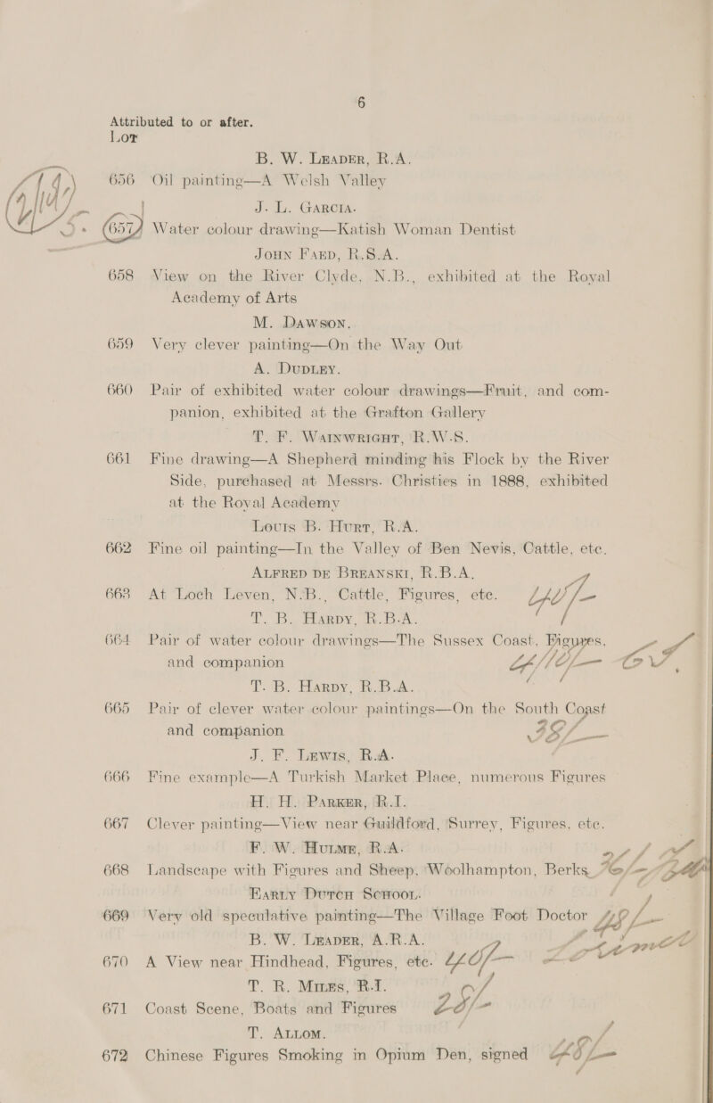 = a, Lor 656 ] ; } 657 658 659 660 661 662 668 664 665 666 667 668 669 670 671 672 B. W. Leaver, R.A. J. L. GARCIA. Water colour drawing—Katish Woman Dentist JOHN F'anp, R.S.A. View on the River Clyde, N.B., exhibited at the Royal Academy of Arts M. Dawson. Very clever painting—On the Way Out A. DUDLEY. Pair of exhibited water colour drawings—Fruit, and com- panion, exhibited at the Grafton Gallery TY. F. Wamwriest, R.W.S8. Fine drawing—A Shepherd minding his Flock by the River Side, purchased at Messrs. Christies in 1888, exhibited at the Roval Academy Leurs ‘B. Hurt, R.A. Fine oil painting—In the Valley of Ben Nevis, Cattle, ete. ALFRED DE BREANSKI, R.B.A. i At Loch Leven, N:B., Cattle, Figures, ete. Yyeif- T., Bop Rago ay Ba. ; Pair of water colour drawings—The Sussex Coast, a “ff : and companion Lf VE fo fov ; , / TB. Harpy, RBA. Pair of clever water colour paintings—On the South Pa oe and companion 7 SS J. EF. Twigs, iw. Fine example—A Turkish Market Place, numerous Figures H. H. ParxKmr, (R.1. Clever painting—View near Guildford, Surrey, Figures, ete. F. W. Hourme, R.A. aff lf Landscape with Figures and Sheep, Woolhampton, Berks “= <p Karty Duron Scroor. fa Very old speculative painting—The Village Foot Doctor a B. W. Leaver, A.R.A. A View near Hindhead, Figures, ete. 7 Coast Scene, Boats and Figures 25/- T. ALLoM. Chinese Figures Smoking in Opium Den, signed “OL L— ¢ 