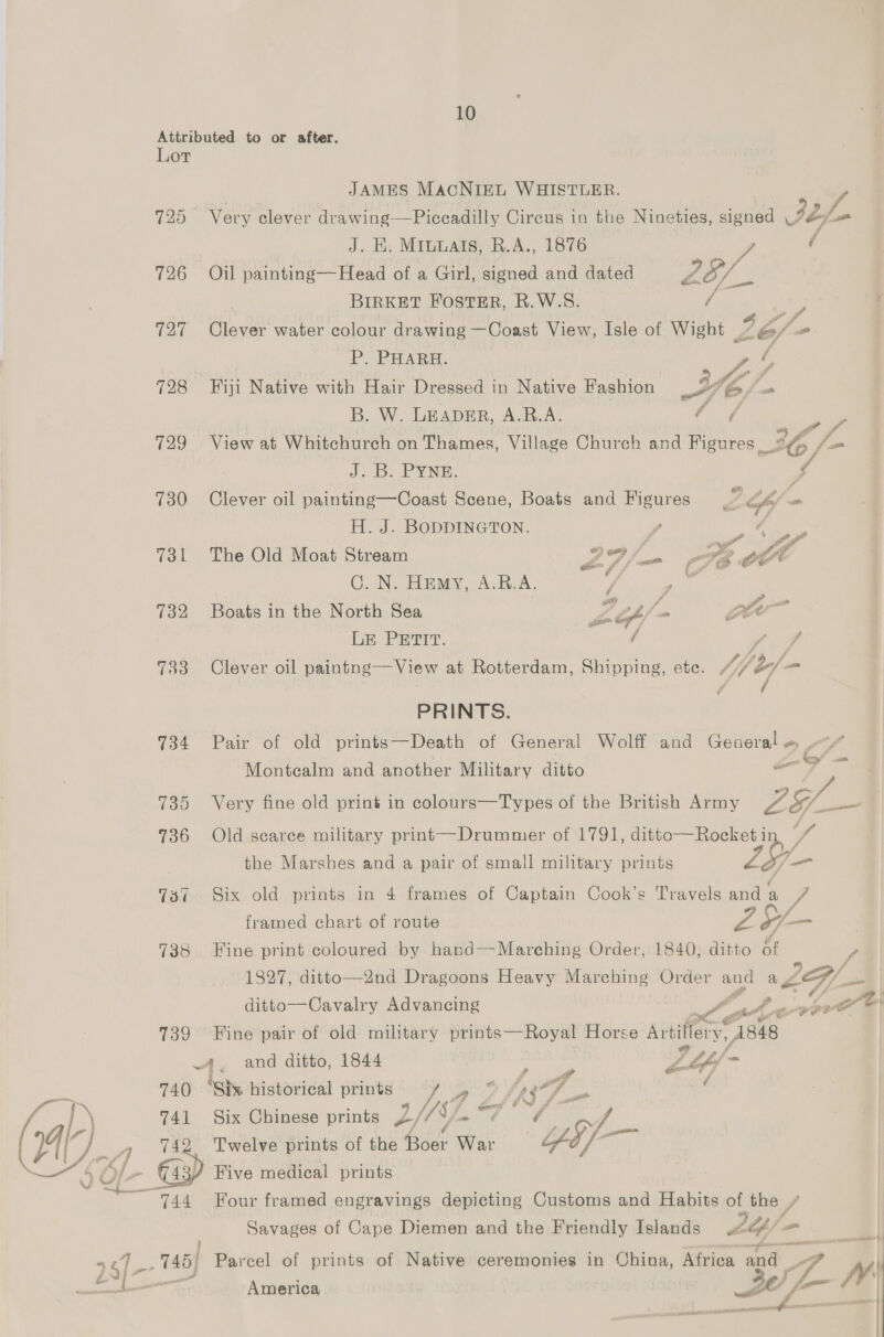 Attributed to or after. Lor JAMES MACNIEL WHISTLER. /. J. HK. Miuuats, R.A., 1876 , ( 726 Oil painting—Head of a Girl, signed and dated 28/. BIRKET FOSTER, R.W.S. os ie 727 Clever water colour drawing —Coast View, Isle of Wight L6/-  P, PHARH. 2 728 Fiji Native with Hair Dressed in Native Fashion YY é, de B. W. LEADER, A.R.A. a. / 729 View at Whitchurch on Thames, Village Church and Heaton 5G /- J, Buy ME: 4 730 Clever oil painting—Coast Scene, Boats and Figures.” of’ - H. J. BODDINGTON. f io et aa 731 The Old Moat Stream Z27/— 7 Ie gt | C. N. Hemy, A.B.A. ee 732 Boats in the North Sea Ze re Ge LE PRT. are fff las Clever oil paintng—View at Rotterdam, Shipping, etc. Ye] PRINTS. 734 ‘al Wolff and General = Montcalm and another Military ditto -F7 — 736 Old scarce military print—Drummer of 1791, ditto—Rocket i tA the Marshes and a pair of small military prints — 737. Six old prints in 4 frames of Captain Cook’s Travels and a ae framed chart of route of — 738 Fine print coloured by hand-—-Mareching Order, 1840, ditto of ditto—Cavalry Advancing wil ge p PAP 739 Fine pair of old military prints— Royal Horse Artilfer y, 1848 4, and ditto, 1844 : y Li A os 740 ‘Six historical prints ae! aay 741 Six Chinese prints 4, L/MIN. / i) —_— es Twelve prints of the Boer War GY Five medical prints a Four framed engravings depicting Customs and Habits of the / Savages of Cape Diemen and the Friendly Islands 24): - America 5 ee poll