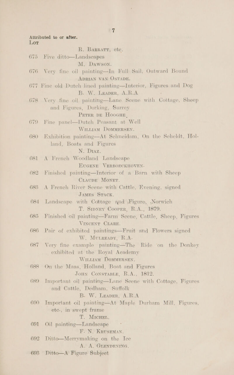 Lot R. Barratt, etc. 675 Five ditto—Landscapes M. Dawson. 676 Very fine oil painting—In Full Sail, Outward Bound ADRIAN VAN OSTADE. 677 Fine old Dutch lined painting—Interior, Figures and Dog B. W. Leaper, A.R.A 678 Very fine oil paintmg—Lane Scene with Cottage, Sheep and Figures, Dorking, Surrey Perer DE Hooaue, Dutch Peasant at Well WiLtiAM DOMMERSEN. 680 Exhibition painting—At Schneidam, On the Scheldt, Hol- land, Boats and Figures N: Dtaz. 681 A French Woodland Landscape 679 Fine panel  HKUGENE VERBOECKHOVEN. 682 Finished painting—Interior of a Barn with Sheep CLAUDE MONET. 683 <A French River Scene with Cattle, Evening, signed JAMES STACK. 684 Landscape with Cottage and )Figure, ,Norwich i. Sipnny @Gcoerrr, “eek. aSTe: 685 Finished oil painting—Farm Scene, Cattle, Sheep, Figures VINCENT CLARE. 686 Pair of exhibited paintings—Fruit and Flowers signed W. MoutreEapy, R.A. 687 Very fine example painting—The Ride ‘on the Donkey exhibited at the Royal Academy Witi1am DoMMERSEN. 688 On the Maas, Holland, Boat and Figures JoHn ConsTaBLE, R.A., 1812. 689 Important oi] painting—Lane Scene with Cottage, Figures and Cattle, Dedham, Suffolk B. W. Leaver, A.R.A 690 Important oi] paintmg—At Maple Durham Mill, Figures, etc-, in swept frame T. MIcHEL. 691 Oil painting—Landscape F. N. Kruseman. 692 Ditto—Merrymaking on the Ice A. A. GLENDENING. 693 DPitto—A Figure Subject