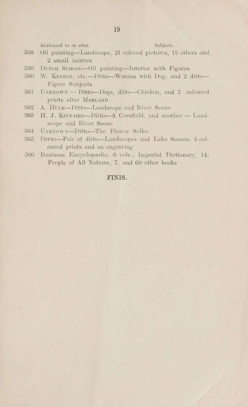 358 309 100) 361 B02 563 19 Attributed to or after. Subjects. Oil paintinge—Landscape, 21 colored pictures, 13 others and 2 small mirrors Durca ScHoor—Oil paintinge—Interior with Figures W. Kesron, ete.—Ditto—Woman with Dog, and 2 ditto— Figure Subjects Unknown — Ditto—Dogs, ditto—Chicken, and 2 coloured prints after MorLanp A. Hutx—Ditto—Landseape and River Scene H. J. Kiynatrp—Ditto—A Cornfield, and another — Land- scape and River Scene Unxnown—Ditto—The Flower Seller Dirro—Pair of ditto—Landscapes and Lake Scenes, 38 col- oured prints and an engraving Business Encyclopedia, 6 vols., Imperial Dictionary, 14, People of All Nations, 7, and 60 other books FINIS.