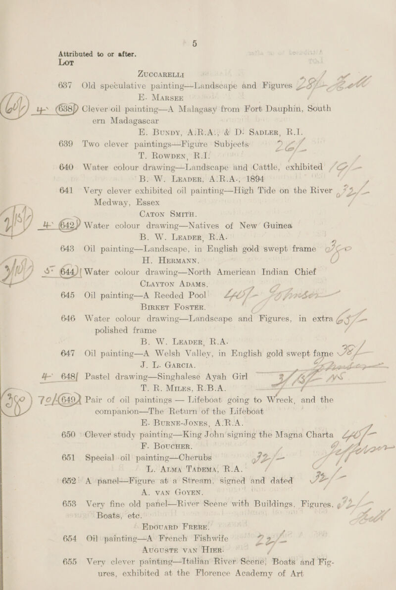 Lot ZUCCARELLI - , if y 637 Old speculative paintinge—Landscape and Figures Z2EL ait nag - 4 EK. MArsEE W) yy 638) Clever oil painting—A Malagasy from Fort Dauphin, Sohith ern Madagascar EK. Bunny, ‘A!}R. A‘) ’&amp; D: Sapter, B.I. 639 ‘Two clever paimtings—Figure Subjects ie vo T. Rowven, B.I. ; 640 Water colour drawing Lanidboase and Cattle, exhibited ‘CG = B. W. Laver, A:R.A-; 1894   , 641 Very clever exhibited oil painting—High Tide on the River , ps Medway, Essex ; Caton SMITH. _4+ 642Y Water colour drawing—Natives of New Guinea B. W. Leaver, R.A. p 643 Oil painting—Landscape, in English gold swept frame 07@- i) H. H&amp;rRMANN. U ME 17} s 644) Water colour drawing—North American Indian Chief a CLayTon ADAMS. age Seu 645 Oil painting—A Reeded Pool LOY, G, fab Brirket Foster. J 2 646 Water colour drawing—Landscape sftie Figures, in extra os - polished frame B. W. Leaver, R.A. 647 Oil painting—A Welsh Walley in English gold ey ee e L -- J. L. GARCIA. ror hos ————— ~ 4 648/ Pastel drawing—Singhalese Ayah Girl ~~ 3 Yt G WS —_ ce TR. Mies, RBA: és JK) 7o/ 6494 Pair of oil paintings — Lifeboat going to Wredk. a the ecompanion—The Return of the Lifeboat . EK. Burne-Jones, A-R.A. ” 650 » Clever study painting—King J hn’ sioning the Magna Charta Z@5/-- F. BoucHer. y Gg ay Jievor 651 Special -oil painting—Cherubs ae : /é L. Atma TapeMa, R.A. / a. ak 652° A panel—Ficure at a Stream, signed = dated St f= A. vAN GOYEN. , 653 Very fine old panel—River Scene with gk Figures, ¢ Boats, etc. o Mk Epovuarp FRERE. | . 654 Oil painting—A French Fishwife = 7 9.7 AUGUSTE VAN Hier. 655 Very clever painting—lItalian River gteHe ‘Boat and Fig- ures, exhibited at the Florence Academy of Art