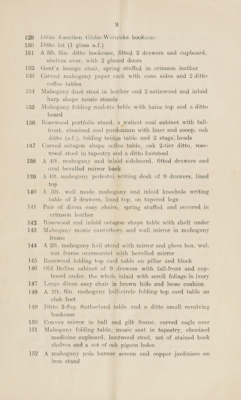 78 719 80 81 83 84 85 86 89 90 91 92 93 94 95 97 99 100 101 7 A dft. brass bedstead, hair stuffed box spring and a hair overlay A 6ft. carved mahogany Chippendale style wardrobe, 2 panel doors, centre with drawers and sliding tray, and a bevelled mirror door A 3ft. mahogany panel bedstead A 4ft. well made mahogany and inlaid WARDROBE with drawers, bevelled mirror and panel door Ditto DRESSING CHEST of 6 drawers, bevelled mirror over, and ditto pedestal cupboard Ditto CHEST of 5 drawers Mahogany and inlaid mantel mirror with large oval bev- elled plate Mahogany chest of 5 drawers A 4ft. ditto wardrobe with drawer and mirror door Mahogany and inlaid BED CHAMBER SUITE of a 5ft. wardrobe with 2 drawers and bevelled mirror door, dress- ing chest of drawers, bevelled mirror, and a washstand with marble top (a.f.) A 4ft. mahogany and inlaid bow-front panel bedstead, wire spring and overlay A 4ft. mahogany and inlaid tray top dressing table on tap- ered legs, a 3ft. ditto marble top washstand, ditto ped- estal cupboard and a 2-fold clothes horse A 4ft. ditto bedstead and wire spring Ditto tallboy chest of 8 drawers Antique mahogany and inlaid swing toilet mirror Serpentine front ditto with 8 drawers Mahogany and inlaid bow-front chest of 4 drawers, brass drop handles Mahogany and inlaid bed chamber suite of a 4ft. 6in. ward- robe with drawer and bevelled mirror door, drop centre dressing table, bevelled mirror and 2 side ditto and a boot cupboard and drawer : , Well made mahogany chest of 4 drawers Bordered crimson and light ground Persian corridor rug, 13ft. x 8ft. Gin. Crimson and blue ground ditto, 9ft. x 2ft. Tin. Ditto, 9ft. x 2ft. 6in. A 6ft. carved walnut SIDEBOARD with 3 drawers, cellar- ette and cupboards, back with bevelled mirrors and shelves Ditto overmantel with 4 bevelled plates and shelves