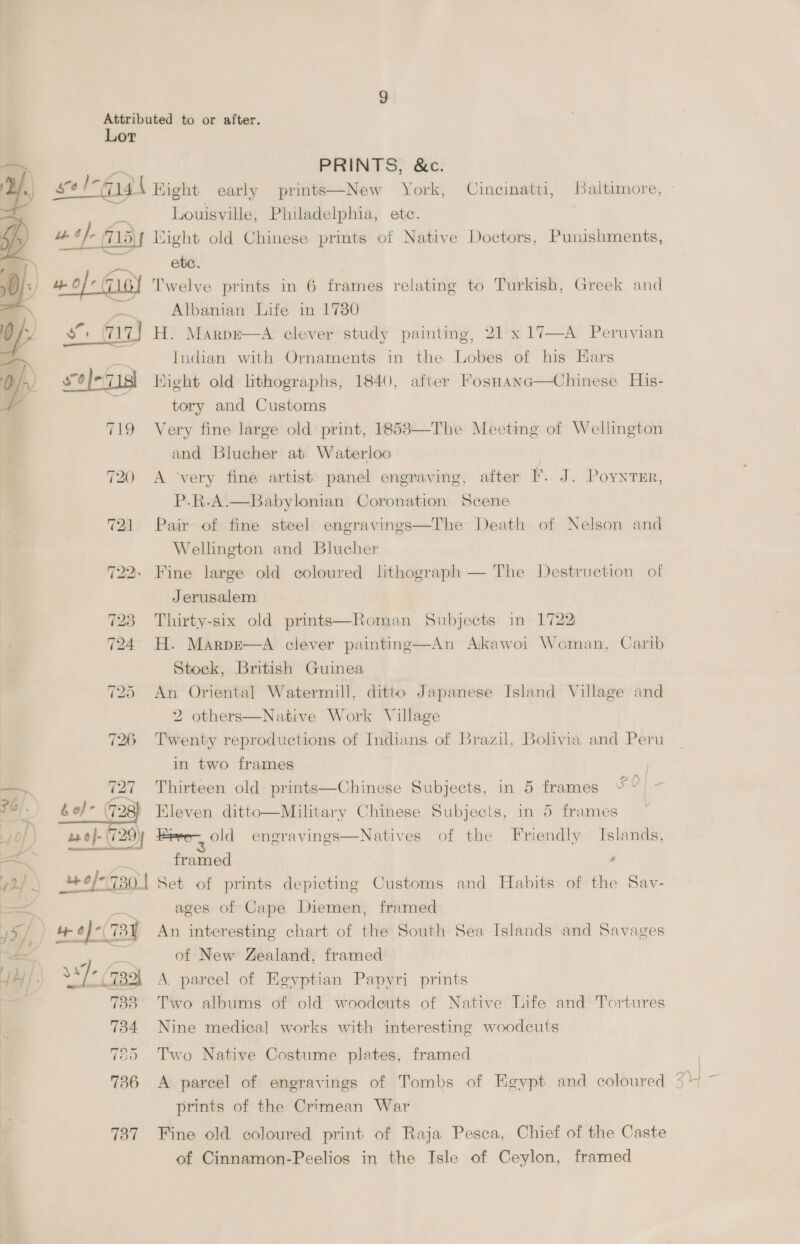 Lor ee PRINTS, &amp;c. go! “a 14 ( Kight early prints—New York, Cincinatti, Baltimore, pis Louisville, Philadelphia, etc. , we 6}, 1d] Light old Chinese prints of Native Doctors, Punishments, \ etc. uw Of 7 16) Twelve prints in 6 frames relating to Turkish, Greek and — Albanian Life in 1730 “ee 717] H. Marps | Indian with Ornaments in the Lobes of his Kars so}-718) Hight old lithographs, 1840, after FosHana—Chinese His- : tory and Customs 719 Very fine large old print, 1853—The Meeting of Wellington and Blucher at Waterloo | 720 A ‘very fine artist panel engraving, after F. J. Poynrsr,  A clever study painting, 21 x 17—A Peruvian P.R-A.—Babylonian Coronation Scene 721 Pair of fine steel engravings—The Death of Nelson and Wellington and Blucher 722. Fine large old coloured lithograph — The Destruction of Jerusalem 723 Thirty-six old prints—Roman Subjects in 1722 724 H. Marpe—A clever painting—An Aikawoi Woman, Carib Stock, British Guinea 725 An Oriental Watermill, ditto Japanese Island Village and 2 others—Native Work Village 726 Twenty reproductions of Indians of Brazil, Bolivia and Peru in two frames 127 Thirteen old prints—Chinese Subjects, in 5 frames 40) (728) Eleven ditto—Military Chinese Subjects, in 5 frames bo}- (729) Bere, old engravings—Natives of the Friendly Islands, framed é o/-(730 | Set of prints depicting Customs and Habits of the Sav- ae, ages of Cape Diemen, framed 4 0)-( 734 An interesting chart of the South Sea Islands and Savages   ' of New Zealand, framed 67-7334 A. pareel of Eeyptian Papyri prints 733 Two albums of old woodeuts of Native Life and Tortures 734 Nine medical works with interesting woodcuts 725 Two Native Costume plates, framed prints of the Crimean War 737 Fine old coloured print of Raja Pesca, Chief of the Caste of Cinnamon-Peelios in the Isle of Ceylon, framed