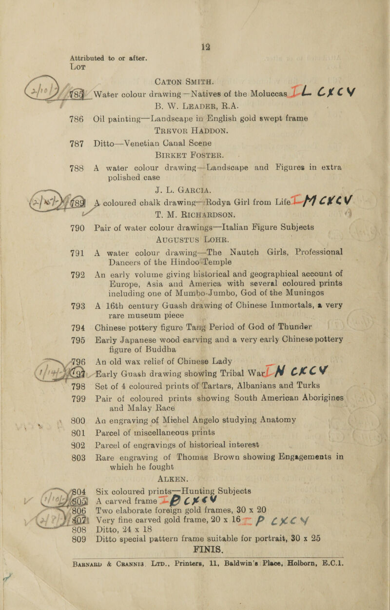  187 788    Pw~ 1806 { Pr / BY hd £07 PY er 80S 809 CATON SMITH. B. W. LEADER, R.A. Oil painting—Landscape in English gold swept frame TREVOR HADDON. Ditto—Venetian Canal Scene BIRKET FOSTER. A water colour drawing--Landscape and Figures in extra polished case J. L. GARCIA. ee coloured chalk drawing-:Rodya Girl from Lite ff CXC v T. M. RICHARDSON. Pair of water colour drawings—Italian Figure Subjeeks AUGUSTUS LOHR. A water colour drawing—The Nautech Girls, Professional Dancers of the Hindoo’ Temple An early volume giving historical and geographical account of Europe, Asia and America with several coloured prints including one of Mumbo-Jumbo, God of the Muningos A 16th century Guash drawing of Chinese Immortals, a very rare museum piece Chinese pottery figure Tang Period of God of Thisder Early Japanese wood carving and a very early Chinese pottery _ figure of Buddha An old wax relief of Chinese Lady Set of 4 coloured prints of Tartars, Albanians and Turks Pair of coloured prints showing South American Aborigines and Malay Race An engraving of Michel Angelo studying Anatomy Parcel of miscellaneous prints Parcel of engravings of historical interest Rare engraving of Thomag Brown showing Engagements in which he fought ALKEN. Six coloured prints—Hunting Subjects A carved frame inf CHEV T'wo elaborate foreign gold frames, 30 x 20 Very fine carved gold frame, 20 x 16° LxCEY Ditto, 24 x 18 =P * Ditto special pattern frame suitable for portrait, 30 x 25 FINIS. 