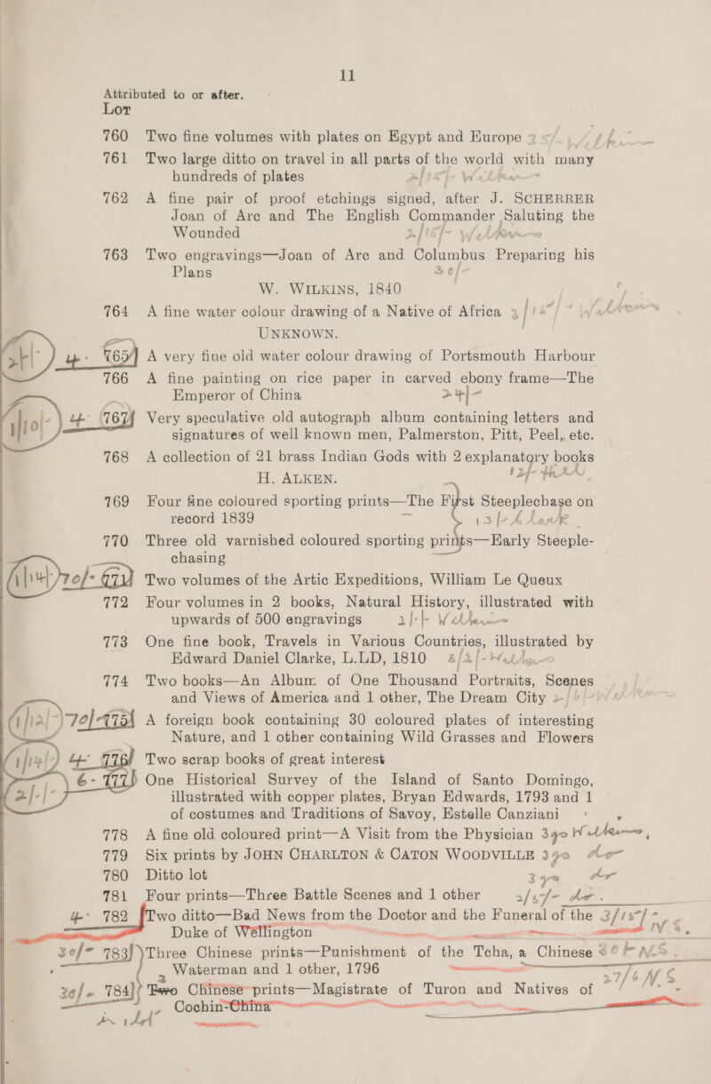 al Attributed to or after. Lor 760 Two fine volumes with plates on Egypt and Europe 2 « # h, ) 761 Two large ditto on travel in all parts of the world ak many hundreds of plates ~ W's . 762 A fine pair of proof etchings signed, atter J. SCHERRER Joan of Arc and The English eee patting the Wounded 2! f- With 763 Two engravings—Joan of Are and Bemimbie Preparing his Plans 3 af- W. WILKINS, 1840 | 764 A fine water colour drawing of a Native of Africa » | ps7] eS UNKNOWN. tt) Lp 16y) A very fine old water colour drawing of Portsmouth Harbour 766 A fine painting on rice paper in carved ebony frame—The 3 &lt; Emperor of China &gt;] “ -\ 4 (167f Very speculative old autograph album containing letters and signatures of well known men, Palmerston, Pitt, Peel, ete. 768 A collection of 21 brass Indian Gods with 2 een &amp; ry, iy  H. ALKEN. If FRAN 769 Four fine coloured sporting prints—The Bi)st i a en on record 1839 S ish hank 770 Three old varnished coloured sporting printts—Early Steeple: chasing Sika 70/- Gud Two volumes of the Artic Expeditions, William Le Queux 772 Four volumes in 2 books, Natural History, illustrated with upwards of 500 engravings 2]- |- VW hen 773 One fine book, Travels in Various Decne illustrated by Edward Daniel Clarke, L.LD, 1810 3/4 [- Mitte, Two books—An Album of One Thousand Poitbvaits, Scenes _ and Views of America and 1 other, The Dream City » A foreign book containing 30 coloured plates of eden Nature, and 1 other containing Wild Grasses and Flowers Two scrap books of great interest One Historical Survey of the Island of Santo Domingo, illustrated with copper plates, Bryan Edwards, 1793 and 1 of costumes and Traditions of Savoy, Estelle Canziani 778 A fine old coloured print—A Visit from the Physician 34° Withee, 779 Six prints by JOHN CHARLTON &amp; CaToN WOODVILLE 390 gle 780 Ditto lot 340 0C ll ar 781 Four prints—Three Battle Scenes and 1 other af/sJ/-_Ade . | 4-- 782 [Two ditto—Bad News from the eee and the eee of the sf! “]- Z  Ys Duke of Wéllington | a eee by Vs. sef/- 783) Three Chinese I ace ta nities ‘of ‘the Tcha, a Tne 4 “¢ FNS 2 , Waterman and 1 other, 1796 cesses a se § ze/e 784 ‘wo Chinese” whe ln of Turon ree Nasties of ae VAs 251151: tae aera meetin ee *™~ ts Were rhe ety,