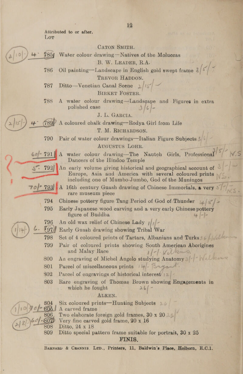 Attributed to or after. Lor ‘ . CATON SMITH. a 4 785, Water colour drawing -~ Natives of the Moluccas \ — B. W. LEADER, R.A. | 786 Oil painting—Landscape in English gold swept frame 4/ ti TREVOR HADDON. | 787 Ditto—Venetian Canal Scene 2/ 1S] BIRKET FOSTER. 788 A water colour drawing—-Landsgape and Figures in extra polished case 3/¢cl- | J. Li. GARCIA. oP A coloured chalk drawing——Rodya Girl from Life T. M. RICHARDSON. 790 Pair of water colour drawings—Italian Figure Subjects 8. AUGUSTUS LOHR. A water colour drawing—The Nautech Girls, “Protesion Dancers of the Hindoo Temple — a    7 ' a | 4%: 793) An early volume giving historical and geographical account of ° ‘ amen Kurope, Asia and America with several coloured prints ),° ; , including one of Mumbo-Jumbo, God of the Muningos _ sities we Tol” 193 3) A 16th century Guash drawing of Chinese Immortals, a very : on 00 ’ -yare museum piece re Fay Sie 794 Chinese pottery figure Tang Period of God of Thiuader vy, want > . ab a H = 795 Harly Japanese wood carving and a very early Chinese pottery figure of Buddha tg j-]-     fo 796 An old wax relief of Chinese Lady ify] Chit) b. 797) Early Guash drawing showing Tribal War YY 798 Set of 4 coloured prints of Tartars, Albanians and Turks * 799 Pair of coloured prints showing South oe Aborigines and Malay Race ) {[-; Lf LR, 800 An engraving of Michel Angelo is Anatomy 801 Parcel of miscellaneous prints §'4/- “3 ornt® * 802 Parcel of engravings of historical interest’ ) 2 | 803 Rare engraving of Thomas Brown showing Fi setenianba in which he fought 2. b/ _ ALKEN. : _ , 804 , Six coloured prints—Hunting Subjects y cf j! A carved frame 806, Two elaborate foreign gold frames, 30 x 20 2©f-80@ Very fine carved gold frame, 20 x 16 C1) 808 . Ditto, 24 x 18 809 Ditto special pattern frame suitable for portrait, 30 x 25 FINIS. BaRNARD &amp; CRANNI3, LTD., Printers, 11, Baldwin’s Place, Holborn, E.C.1. 