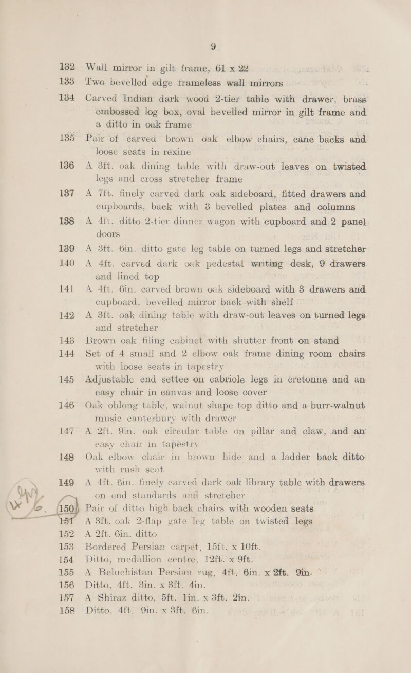 132 133 134 135° 136 137 138 139 140 14] 142 143 144 145 146 ny) Wall mirror in gilt frame, 61 x 22 Two bevelled edge frameless wall mirrors — - Carved Indian dark wood 2-tier table with nda brass embossed log box, oval bevelled mirror in a frame and a ditto in oak frame Pair of carved brown oak elbow chairs, cdne backs and loose seats in rexine wee A 3ft. oak dining | table with draw-out leaves on twisted legs and cross stretcher frame A 7ft. finely carved dark oak sideboard, fitted drawers and cupboards, back with 8 bevelled plates and columns A 4ft. ditto 2-tier dinner wagon with cupboard and 2 panel doors A 3ft. 6in. ditto gate leg table on turned mens sid stretcher A 4ft. carved dark oak pedestal —— desk, 9 drawers and lined top A 4ft. 6in. carved brown oak sideboard Wath 3 dehiiehs and cupboard, bevelled mirror back with shelf © A 8ft. oak dining table with draw-out leaves on turned legs. and stretcher Brown oak filing cabinet with shutter front on stand Set of 4 small and 2 elbow oak frame cantig room chairs with loose seats in tapestry Adjustable end settee on cabriole legs in cretonne and al: easy chair in canvas and loose cover Oak oblong table, walnut shape top ditto and a burr-walnut music canterbury with drawer A 2ft. 9m. oak circular table on pillar and claw, and an easy chair in tapestry Oak elbow chair in brown hide and a ladder back ditto- with rush seat A 4ft. 6in. finely carved dark oak library table with drawers. on end standards and stretcher ei | Pair of ditto high back chairs with wooden seats A 3ft. oak 2-flap gate lee table on twisted legs A 2ft. 6in. ditto Bordered Persian carpet, 15ft. x 10ft. Ditto, medallion centre, 12ft. x 9ft. A Beluchistan Persian rug, 4ft, 6in. x 2ft. Qin. Ditto, 41%. 3m. x dit) 4in. ! A Shiraz ditto, 5ft. lin. x 3ft. 2in.
