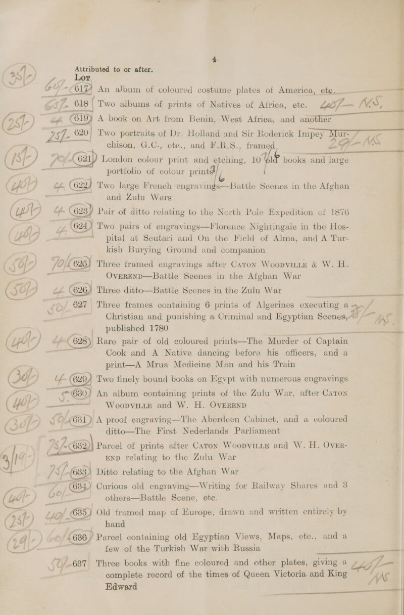  aa Attributed to or after. > | a a , Lor, we 6174 An album of coloured costume plates of America, ete. _L— | 63 fo 618 | Two albums of prints of Natives of Africa, ete. Lif. — Ky i —— us 620) Two portraits of Dr. Holland and Sir Roderick Impey M ee iC es chison, G.C., etc., and F.R.S., a LG — VA nd (z i F J f ee SS joi London colour print and etching, 10 ¥iP books and large perl eee ortfolio of colour printsl/ , l | ce: prints} id v] Lh. (622 Two large French engravings—Battle Scenes in the Afghan . | and Zulu Wars j <P a p 2 ea 4 5 : ais A YY (J &amp; 623) Pair of ditto relating to the North Pole Expedition of 1876 a) Ca} Two pairs of engravings—Florence Nightingale in the Hos- ae | ‘pital at Scutari and On the Field of Alma, and A Tur- kish Burying Ground and companion } ) o. i 2 +7 f : ; : 70/625) Three framed engravings after Caton WoopviLLe &amp; W. H. faa oceans ae OvEREND—Battle Scenes in the Afghan War (JC a (626) Three ditto—Battle Scenes in the Zulu War a = 4@ —~627 «Three frames containing 6 prints of Algerines executing a 4 Christian and punishing a Criminal and Egyptian Scenes,“~ ~~ AC se published 1780 erat ( LY “) ¢< (628) | Rare pair of old coloured prints—The Murder of. Captain SS ae - Cook and A Native dancing before his officers, and a print—A Mrua Medicine Man and his Train ' Two finely bound books on Egypt with numerous engravings   ~~ aA An album containing prints of the Zulu War, after Caron \ 4 ! . WoopvittE and W. H. OverEnp £3,097 O43 30) A proof engraving—The Aberdeen Cabinet, and a coloured —< ditto—The First Nederlands Parliament y /S fms 5.653) Por ‘cel of prints after Caron WoopviILLE and W. H. OvrEr- ye END relating to the Zulu War =} /S/. (633) Ditto relating to the Afghan War o> 634) Curious old engraving—Writing for Railway Shares and 38 Yor y, cht - others—Battle Scene, etc. re \ £2 é 635) Old framed map of Europe, drawn and written entirely by Hl : | hand af (636 / Parcel containing old Egyptian Views, Maps, etc., and a ee few of the Turkish War with Russia a 4 ~ 7 637 Three books with fine coloured and other plates, giving a pel f= complete record of the times of Queen Victoria and King — “NS Edward : ee 