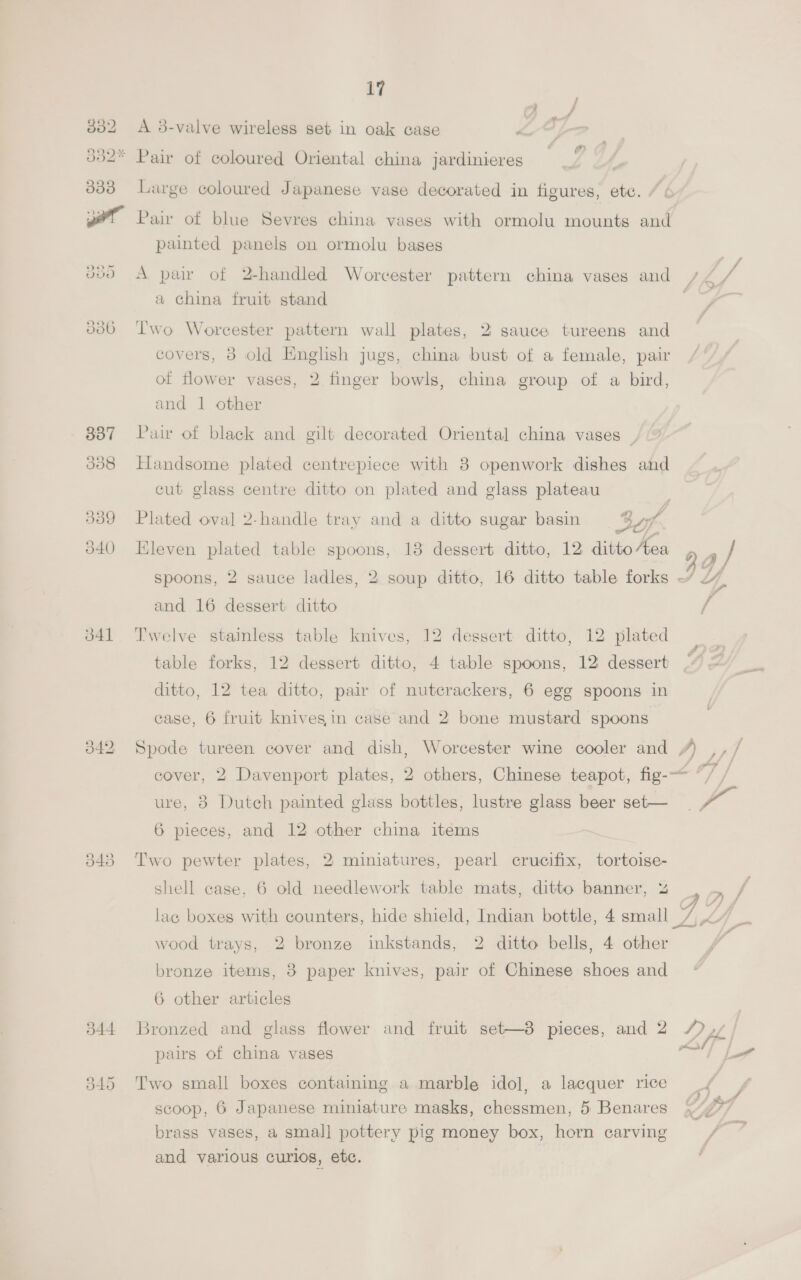 332 A 3-valve wireless set in oak case 332* Pair of coloured Oriental china jardinieres 7 333 Large coloured Japanese vase decorated in figures, ete. ya? Pair of blue Sevres china vases with ormolu mounts and painted panels on ormolu bases veo A pair of 2handled Worcester pattern china vases and / < / a china fruit stand ae 3386 ‘Two Worcester pattern wall plates, 2: sauce tureens and covers, 3 old English jugs, china bust of a female, pair / of flower vases, 2 finger bowls, china group of a bird, and 1 other 887 Pur of black and gilt decorated Oriental china vases , 338 Handsome plated centrepiece with 3 openwork dishes and cut glass centre ditto on plated and glass plateau 339 Plated oval 2-handle tray and a ditto sugar basin 3of f. 340 Eleven plated table spoons, 13 dessert ditto, 12 dittoAea D a/ spoons, 2 sauce ladles, 2 soup ditto, 16 ditto table forks ~/ bY) and 16 dessert ditto Ff 841 Twelve stamless table knives, 12 dessert ditto, 12 plated table forks, 12 dessert ditto, 4 table spoons, 12 dessert ditto, 12 tea ditto, pair of nutcrackers, 6 egg spoons in case, 6 fruit knives in case and 2 bone mustard spoons 342 Spode tureen cover and dish, Worcester wine cooler and /) L/] ] cover, 2 Davenport plates, 2 others, Chinese teapot, fig-— “/ / ure, 3 Dutch painted glass bottles, lustre glass beer set— Va 6 pieces, and 12 other china items 343 Two pewter plates, 2 miniatures, pearl crucifix, tortoise- shell case, 6 old needlework table mats, ditto banner, % lag boxes with counters, hide shield, Indian bottle, 4 small way, wood trays, 2 bronze inkstands, 2 ditto bells, 4 other bronze items, 3 paper knives, pair of Chinese shoes and 6 other articles 344 Bronzed and glass flower and fruit set—8 pieces, and 2 Dy.| pairs of china vases at Lae 345 Two small boxes containing a marble idol, a lacquer rice - scoop, 6 Japanese miniature masks, chessmen, 5 Benares Li) brass vases, a smal] pottery pig money box, horn carving and various curios, ete.