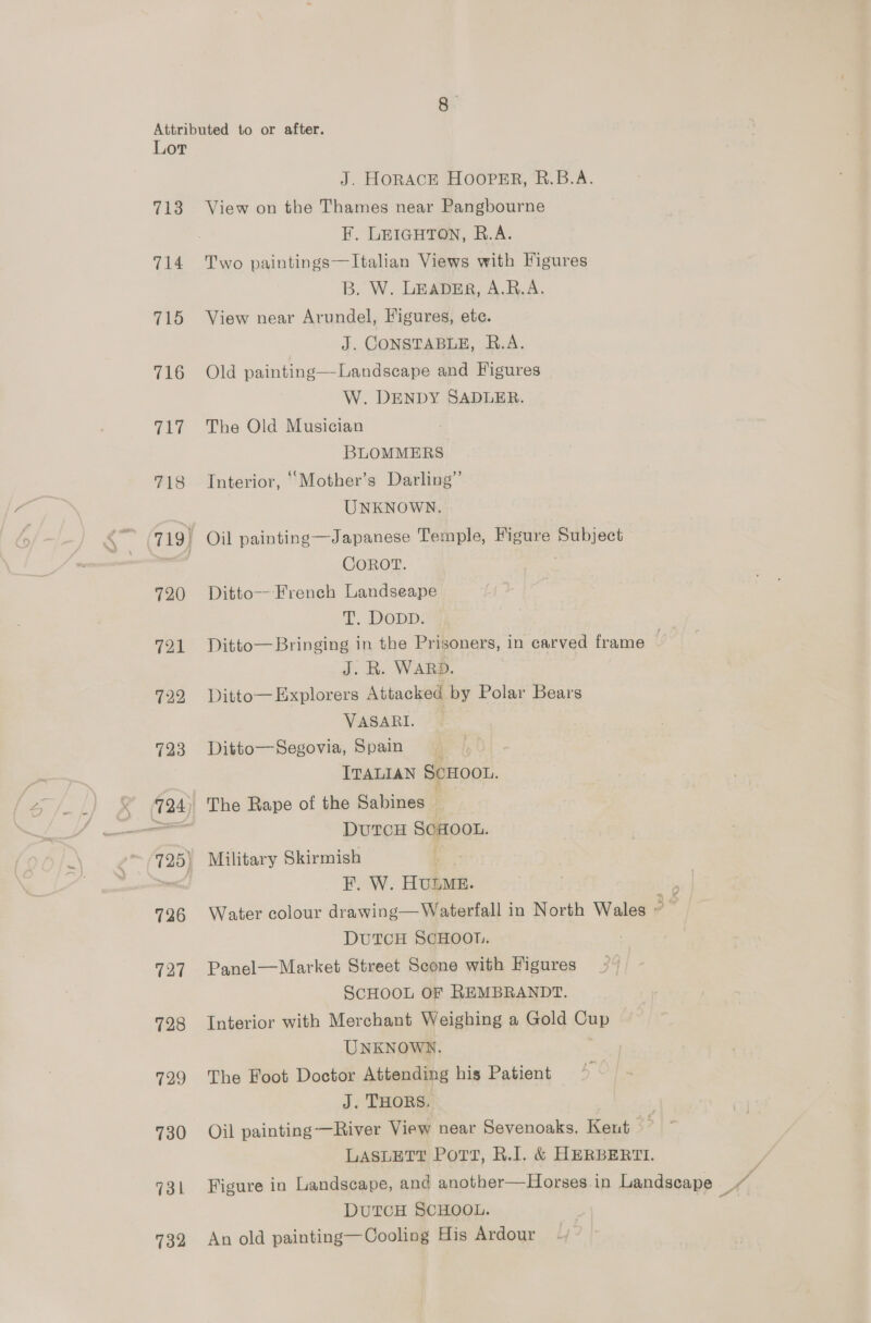 713 714 715 716 717 718 720 721 122 723 726 727 728 729 730 731 732 J. HORACE HOOPER, R.B.A. View on the Thames near Pangbourne H. LEIGHTON, R.A. Two paintings—Itahan Views with Figures B. W. LEADER, A.R.A. View near Arundel, Figures, ete. J. CONSTABLE, R.A. Old painting—Landscape and Figures W. DENDY SADLER. The Old Musician BLOMMERS Interior, ‘‘Mother’s Darling” UNKNOWN. Oil painting—Japanese Temple, Figure Subject COROT. : Ditto-- French Landseape tT: DODD, Ditto— Bringing in the Prisoners, in carved frame J. R. WARD. | Ditto— Explorers Attacked by Polar Bears VASARI. “4 Ditto—Segovia, Spain ITALIAN SCHOOL. The Rape of the Sabines | DutcH ScaooL. Military Skirmish ‘ F. W. HULME. iby Water colour drawing— Waterfall in North Wales 2° DUTCH SCHOOT.. Panel—Market Street Scone with Figures SCHOOL OF REMBRANDT. Interior with Merchant Weighing a Gold Cup UNKNOWN. The Foot Doctor Attending his Patient J. THORS. Oil painting —River View near Sevenoaks, Kent LASLETT Pott, R.I. &amp; HERBERTI. | Figure in Landscape, and another—Horses in Landscape _~ DuTCH SCHOOL. a An old painting—Cooling His Ardour