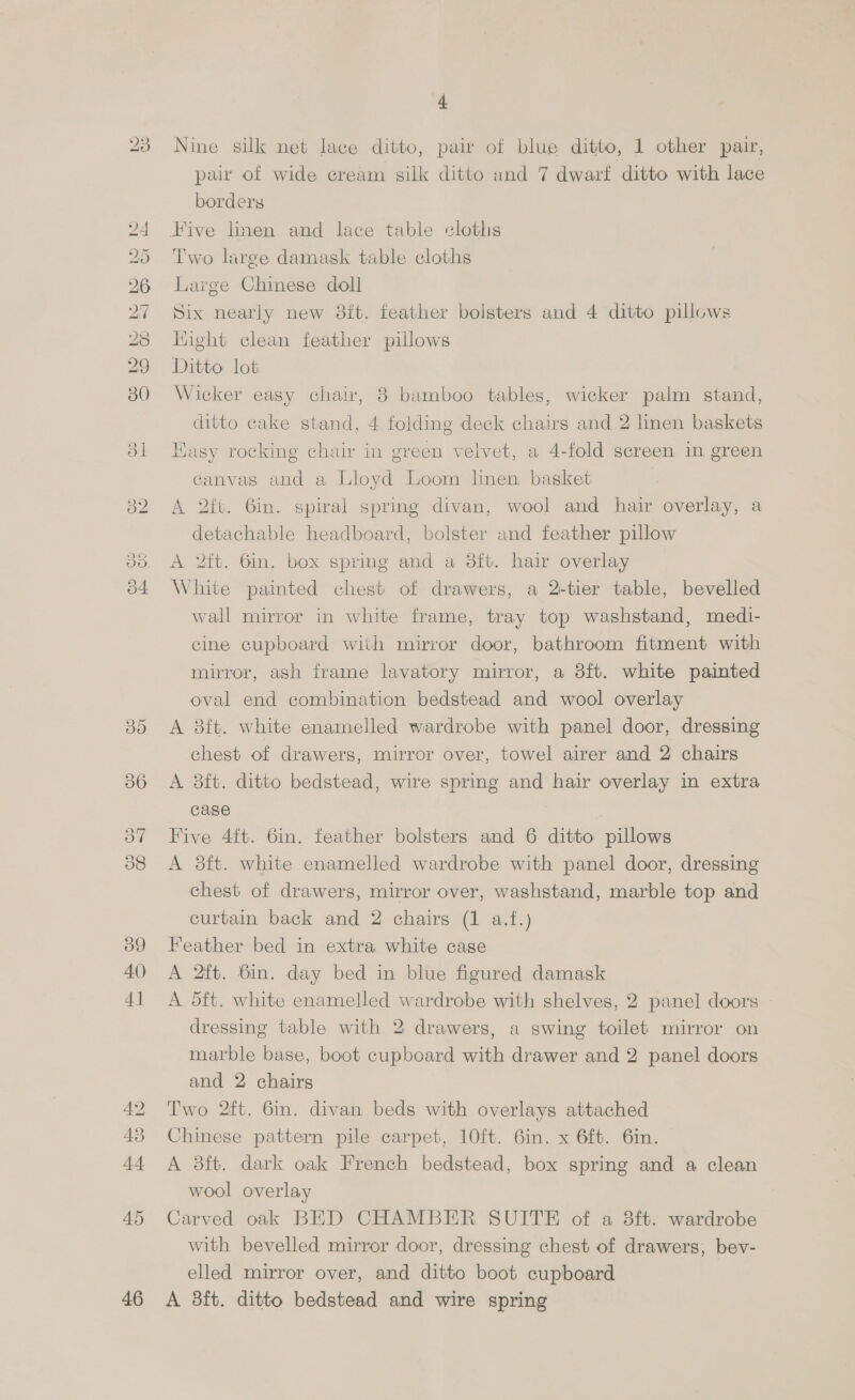Ne Or He o hS Weawe tks Ge =~] CO ). (Oo © (oh) us. CO 4 Nine silk net lace ditto, pair of blue ditto, 1 other pair, par of wide cream silk ditto and 7 dwarf ditto with lace borderg Two large damask table cloths Large Chinese doll Six nearly new 8ft. feather bolsters and 4 ditto pillows Hight clean feather pillows Ditto lot Wicker easy chair, 8 bamboo tables, wicker palm stand, ditto cake stand, 4 folding deck chairs and 2 linen baskets HKasy rocking chair in green velvet, a 4-fold screen in green canvas and a Lloyd Loom lnen basket A 2ft. 6in. spiral spring divan, wool and hair overlay, a detachable headboard, bolster and feather pillow A 2ft. bin. box spring and a 38ft. hair overlay White painted chest of drawers, a 2-tier table, bevelled wall mirror in white frame, tray top washstand, medi- cine cupboard with mirror door, bathroom fitment with mirror, ash frame lavatory mirror, a 8ft. white painted oval end combination bedstead and wool overlay A 3ft. white enamelled wardrobe with panel door, dressing chest of drawers, mirror over, towel airer and 2 chairs A 83ft. ditto bedstead, wire spring and hair overlay in extra case | Vive 4ft. 6in. feather bolsters and 6 ditto pillows A 8ft. white enamelled wardrobe with panel door, dressing chest of drawers, mirror over, washstand, marble top and curtain back and 2 chairs (1 a.f.) Feather bed in extra white case A 2ft. 6in. day bed in blue figured damask A d5ft. white enamelled wardrobe with shelves, 2 panel doors dressing table with 2 drawers, a swing toilet mirror on marble base, boot cupboard with drawer and 2 panel doors and 2 chairs Two 2ft. 6in. divan beds with overlays attached Chinese pattern pile carpet, 10ft. 6in. x 6ft. 6in. A 3ft. dark oak French bedstead, box spring and a clean wool overlay Carved oak BED CHAMBER SUITE of a 8ft. wardrobe with bevelled mirror door, dressing chest of drawers, bev- elled mirror over, and ditto boot cupboard