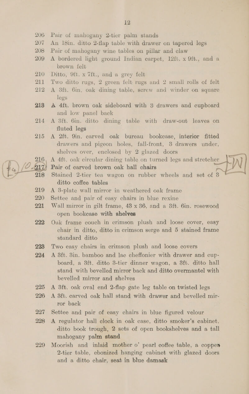  12 Pair of mahogany 2-tier palm stands An 18in. ditto 2-flap table with drawer on tapered legs Pair of mahogany wine tables on pillar and claw A bordered light ground Indian carpet, 12ft. x 9ft., and a brown felt | Ditto, 9ft. x 7ft., and a grey felt Two ditto rugs, 2 green felt rugs and 2 small rolls of felt A 3ft. 6in. oak dining table, screw and winder on square legs and low panel back A 3ft. 6m. ditto dining table with draw-out leaves on fluted legs | A 2ft. Qin. carved oak bureau bookcase, interior fitted drawers and pigeon holes, fall-front, 8 drawers under, shelves over, enclosed by 2 glazed doors A 4ft. oak circular dining table on turned legs and stretcher WN]   <p nsenee Stained 2-tier tea wagon on rubber wheels and set of 3 ditto coffee tables A 3-plate wall mirror in weathered oak frame Settee and pair of easy chairs in blue rexine Wall mirror in gilt frame, 48 x 36, and a 38ft. 6in. rosewood open bookcase with shelves Oak frame couch in crimson plush and loose cover, easy chair in ditto, ditto in crimson serge and 5 stained frame standard ditto Two easy chairs in crimson plush and loose covers A 8ft. 8in. bamboo and lac cheffonier with drawer and cup- board, a 8ft. ditto 3-tier dinner wagon, a 38ft. ditto hall stand with bevelled mirror back and ditto overmantel with bevelled mirror and shelves A 8ft. oak oval end 2-flap gate leg table on twisted legs A 3ft. carved oak hall stand with drawer and bevelled mir- ror back Settee and pair of easy chairs in blue figured velour A regulator hall clock in oak case, ditto smoker’s cabinet, ditto book trough, 2 sets of open bookshelves and a tall mahogany palm stand Moorish and inlaid mother o’ pearl coffee table, a copper 2-tier table, ebonized hanging cabinet with glazed doors and a ditto chair, seat in blue damask