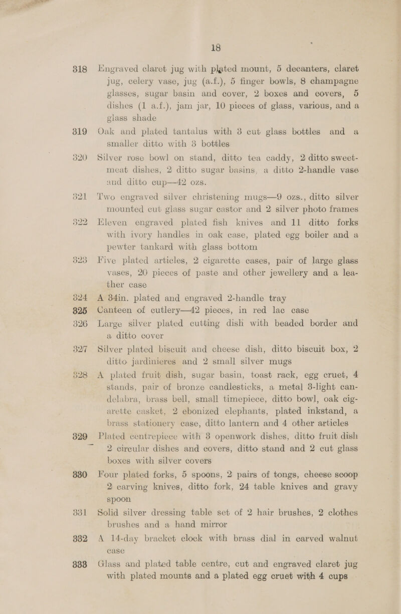 318 329 330 ddl 332 333 18 Engraved claret jug with plated mount, 5 decanters, claret jug, celery vase, jug (a.f.), 5 finger bowls, 8 champagne glasses, sugar basin and cover, 2 boxes and covers, 5 dishes (1 a.f.), jam jar, 10 pieces of glass, various, and a glass shade Oak and plated tantalus with 8 cut glass bottles and a smaller ditto with 38 bottles Silver rose bowl on stand, ditto tea caddy, 2 ditto sweet- meat dishes, 2 ditto sugar basins, a ditto 2-handle vase aud ditto cup—42 ozs. Two engraved silver christening mugs—9 ozs., ditto silver mounted cut glass sugar castor and 2 silver photo frames Iileven engraved plated fish knives and 11 ditto forks with ivory handles in oak case, plated egg boiler and a pewter tankard with glass bottom Five plated articles, 2 cigarette cases, pair of large glass vases, 20 pieces of paste and other jewellery and a lea- ther case A 34in. plated and engraved 2-handle tray Canteen of cutlery—42 pieces, in red lac case Large silver plated cutting dish with beaded border and a ditto cover Silver plated biscuit and cheese dish, ditto biscuit box, 2 ditto jardinieres and 2 small silver mugs A plated fruit dish, sugar basin, toast rack, egg cruet, 4 stands, pair of bronze candlesticks, a metal 3-light can- delabra, brass bell, small timepiece, ditto bowl, oak cig- arette casket, 2 ebonized elephants, plated inkstand, a brass stationery case, ditto lantern and 4 other articles Plated centrepiece with 8 openwork dishes, ditto fruit dish 2 circular dishes and covers, ditto stand and 2 cut glass boxes with silver covers Four plated forks, 5 spoons, 2 pairs of tongs, cheese scoop 2 carving knives, ditto fork, 24 table knives and gravy spoon Solid silver dressing table set of 2 hair brushes, 2 clothes brushes and a hand mirror A 14-day bracket clock with brass dial in carved walnut case | 3 Glass and plated table centre, cut and engraved claret jug with plated mounts and a plated egg cruet with 4 cups