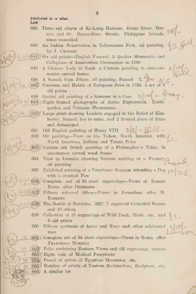 Lot 642 Three old charts of Ke-Lung Harbour, Bruni River, Bor- s{ neo, and St. Bernardinos Straits, Philippine Islands, 35 [- since cancelled | 643 An Indian Reservation in Yellowstone Park, oil painting, »“ }4~ -—— | by J. CropsEy eur Fs \s\7 6 o/: 644)/ Six old prints—English Funeral, A Quaker Mennonite and PY = Collegians of Amsterdam Ceremonies in 1730 645 A Chinese Lady of Rank, a Chinese painting in elaborate 9/197 = native carved frame 2 ¢ i py S i 646 A Samoli from Jibute, oil painting, framed © ~ Ws AS ? \yo\~) | 647) Customs and Habits of European Jews in 1724, a set of 6” »\ old prints j D, - —, : 648 Quaint old painting of a Sorcerer ina Case “| co | = —- - >|! 17 é e} 649, | Hight framed photographs of Arctic Exploration, Rarth- ss es ~ quakes and Voleanie Phenomena - st | (650)! Large print showing Leaders engaged in the Relief of Kim- >) >\ vA berley, framed, key to same, and 2 framed plans of Alma — _and-_ Sebastopol I 651 Old English painting of Henry VIII 2/2) - = Hi: - 652 Oil paintine—View on the Yukon, North ‘Anioriea, with / . “4 4}. North American Indians and Totem Poles ~~ (ey (653), Curious old Dutch painting of a Philosopher’s Table, in VA as uncommon carved wood frame 654 View in Jamaica showing Natives working at a . Factory <  LL oil painting | ees 655 Exhibited painting of a Veterinary Surgeon attending a Dog 4° =i) ¢ / i> Fae with a crushed Paw | ait n> \ JS S$ 4 ie od Complete set of 34 steel engravings—Views of Roman ——— Ruins, after Domenico ( 1 »* [oan Fifteen coloured lithos—Views in Jerusalem, after D. 4 j ROBERTS — 1 (658) The Battle of Navarmo, 1827, 7 engraved Cathedral Scenes A) Ts a and 10 others ' ors 659 Collection of 15 engravings of Wild Duck, Birds, ete., and +9 | ; 5 old prints. ai ; 660 Fifteen portraits of Army and Navy and other celebrated 9 | = . men | oxnr£ en )~*- 661 [ Complete set of 24 steel engravings—Views in Rome, after ¥ Francesco Moret “662! Folio containing Eastern Views and old engravings, various _ 663)) Hight vols. of Medical Pamphlets [ Parcel of se of Ke ~ Mummies, ete.  