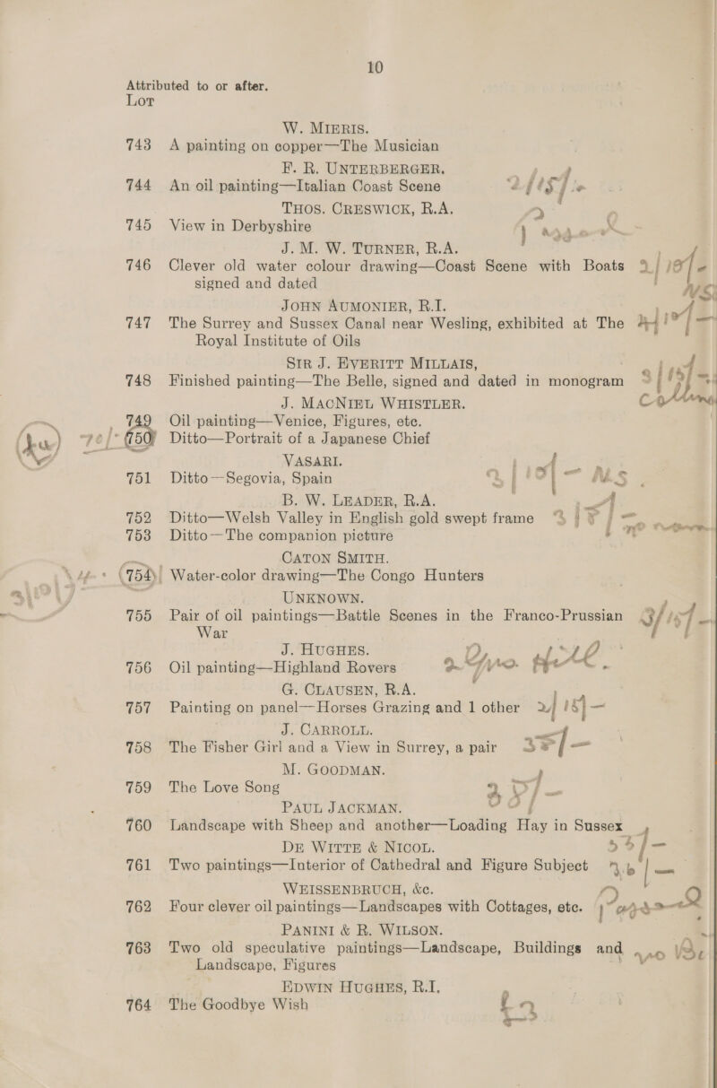 s J 743 744 746 147 748 es 751 702 753 755 756 757 758 759 760 761 762 763 764 W. MIERIS. A painting on copper—The Musician BF. R. UNTERBERGER, oe | An oil painting—Italian Coast Scene “2g eg / le THOS. CRESWICK, R.A. > ts 3 View in Derbyshire ) 9¢-< ~ J. M. W. TURNER, B.A. aa Clever old water colour drawing—Coast Scene with Boats 1} 10. signed and dated . JOHN AUMONIER, B.I. |. The Surrey and Sussex Canal near Wesling, exhibited at The ++ ‘ 1 Royal Institute of Oils Str J. EVERITT MILLAIS, —s Finished painting—The Belle, signed and dated in monogram ~ i ‘9 J. MACNIEL WHISTLER. c oH Oil painting—Venice, Figures, ete. Ditto—Portrait of a Japanese Chief VASARI. Ae aA - - Ditto —Segovia, Spain «3 |< — eS . B. W. LEADER, R.A. 4 AA Ditto—Welsh Valley in English gold swept frame “$)}¥ / | Ditto—The companion picture Ad Soe CATON SMITH. Water-color drawing—The Congo Hunters 2 UNKNOWN. Pair of oil paintings—Battle Scenes in the Franco-Prussian - aficf War J. HUGHES. Oil painting—Highland Rovers G. CLAUSEN, R.A. Painting on panel— Horses Grazing and 1 other 2] Tt a. Y, A. eae ¥ J. CARROLL. — The Fisher Girl and a View in Surrey, a pair © ® /— M. GOODMAN. y The Love Song 2 >/. is é 3 j PAUL JACKMAN,. Landscape with Sheep and another— Loading eee in Sussex 4 DE WITTE &amp; NICOL. . a] i— Two paintings—Interior of Cathedral and Figure Subject ie | — WEISSENBRUCH, &amp;c. 2 Four clever oil paintings— Landscapes with Cottages, ete. c Fy > PANINI &amp; R. WILSON. Two old speculative paintings—Landscape, Buildings and | wo VS, Landscape, Figures yo | EDWIN HuGHES, B.I, _ The Goodbye Wish ae | on 2